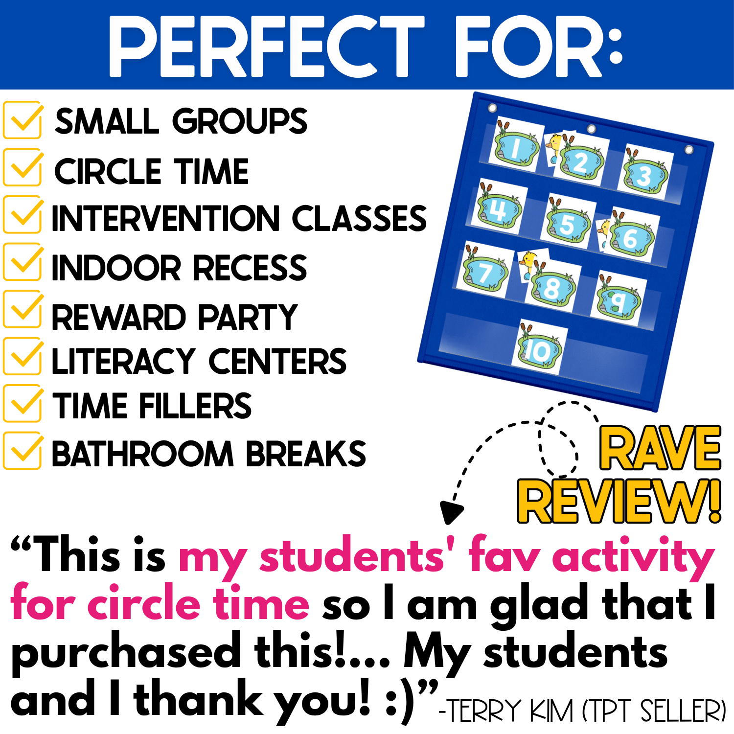 Duck Pond Number Hide and Seek pocket chart game shown as a flexible classroom activity for small groups, circle time, intervention classes, indoor recess, reward parties, literacy centers, time fillers, and bathroom breaks. A blue pocket chart displays pond number cards 1-10 with yellow duck hiding cards peeking from behind selected numbers. A teacher review describes the game as a favorite circle time activity, highlighting its use for interactive number recognition, listening, guessing, and quick math practice.