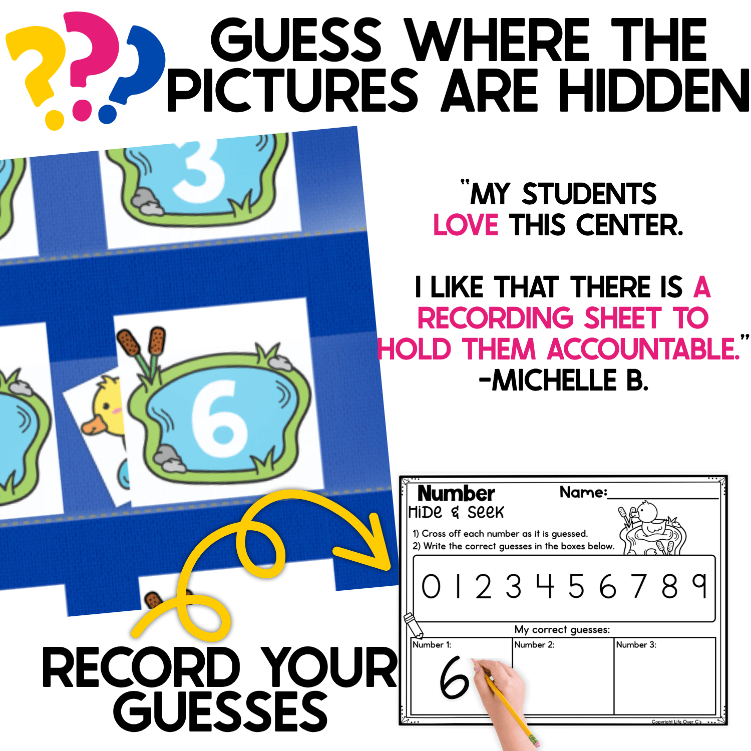 Duck Pond Number Hide and Seek activity demonstrating how students guess where yellow duck picture cards are hidden behind numbered pond cards. A close-up of the blue pocket chart shows pond number cards including 3 and 6, with a duck peeking from behind one card. A curved yellow arrow points to a Number Hide & Seek recording page with numbers 0-9 while a child writes the number 6 in the correct guesses section. The interactive math game combines number recognition, prediction, numeral writing, and recording practice.