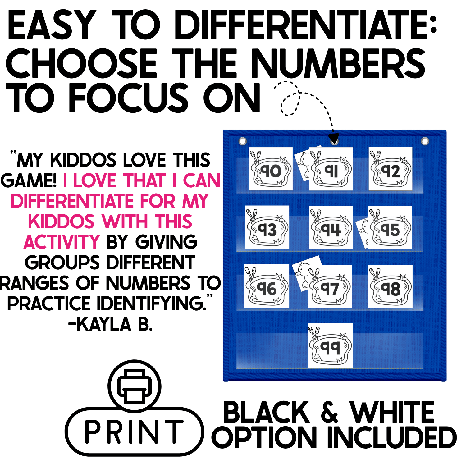Easy-to-differentiate Duck Pond Number Hide and Seek pocket chart game featuring black-and-white pond number cards 90-99 displayed in a blue classroom pocket chart. Duck hiding cards peek from behind selected numbers while students practice identifying a targeted number range. Large text emphasizes choosing the numbers students need to focus on, and the image highlights the included black-and-white printing option for differentiated kindergarten math, first grade math, intervention, and small-group number recognition practice.