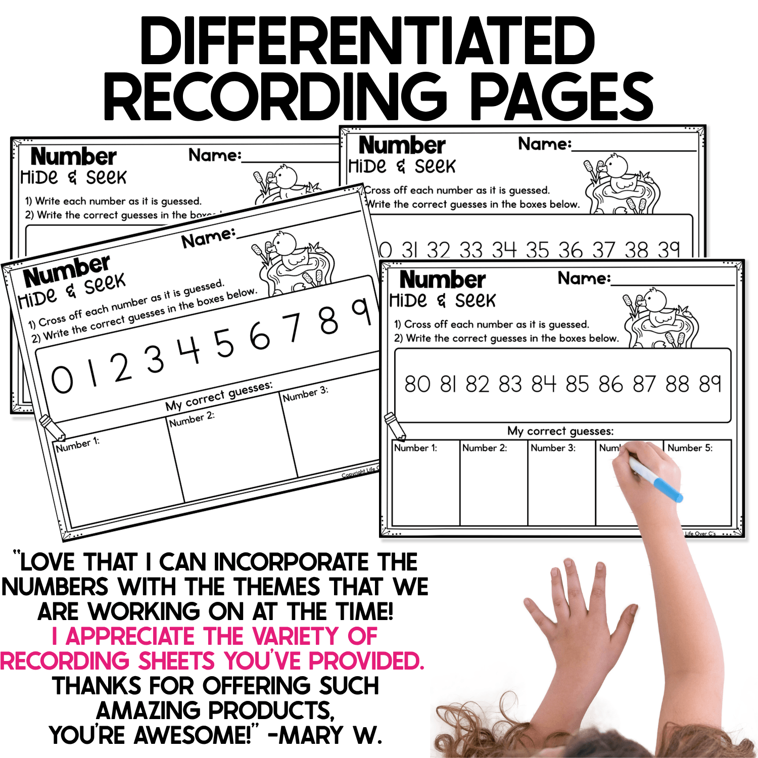 Differentiated recording pages for the Duck Pond Number Hide and Seek pocket chart game featuring black-and-white worksheets with duck and pond graphics. Visible recording sheets include number ranges 0-9, 30-39, and 80-89, plus a blank option that allows students to write numbers as they are guessed. Each page includes spaces for recording correct guesses, and a child is shown writing on one worksheet. The variety of number ranges supports differentiated number recognition, numeral writing, math centers, kindergarten, first grade, and intervention practice.