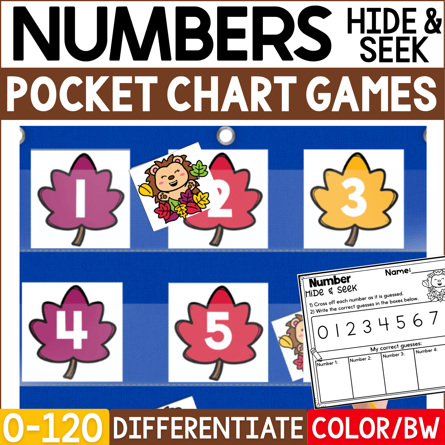 Fall Numbers Hide and Seek pocket chart game cover featuring colorful autumn leaf number cards with numerals 1, 2, 3, 4, and 5 displayed in a blue classroom pocket chart. Cute hedgehog hiding cards peek from behind selected fall leaves, while a Number Hide & Seek recording page lets students cross off guessed numbers and record correct guesses. Product cover highlights numbers 0-120, differentiation, and color and black-and-white formats for fall math centers, circle time, kindergarten, first grade, and number recognition practice.