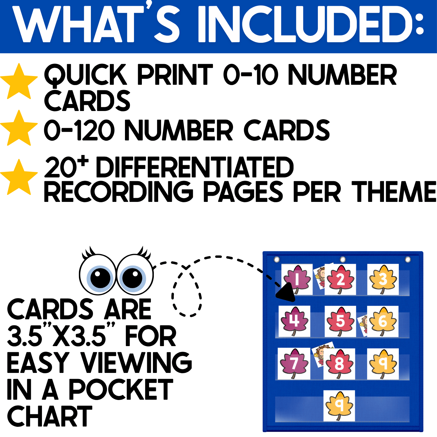 What’s Included page for the Fall Leaves Number Hide and Seek pocket chart game listing quick-print number cards 0-10, complete number cards 0-120, and more than 20 differentiated recording pages per theme. A sample blue pocket chart displays colorful purple, red, and yellow fall leaf number cards with hedgehog hiding pictures tucked behind selected numbers. The image also notes that the 3.5-inch square cards are designed for easy pocket chart viewing, supporting differentiated number recognition during fall math centers, circle time, kindergarten, and first grade.