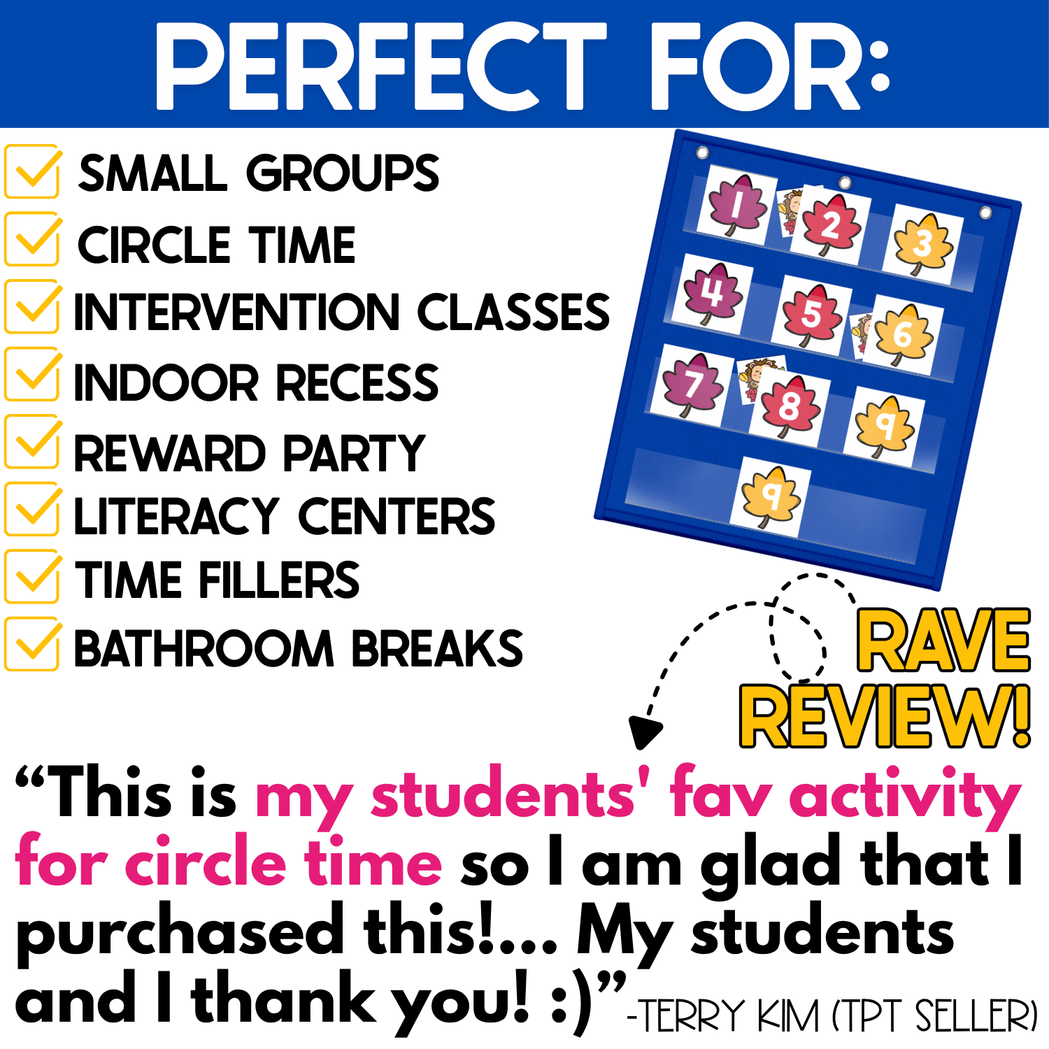 Fall Leaves Number Hide and Seek pocket chart game shown as a flexible classroom activity for small groups, circle time, intervention classes, indoor recess, reward parties, literacy centers, time fillers, and bathroom breaks. A blue pocket chart displays colorful fall leaf cards numbered 1-10 with hedgehog hiding cards peeking from behind selected numbers. A teacher review describes the activity as a favorite for circle time, highlighting interactive number recognition, listening, guessing, and quick fall math practice.