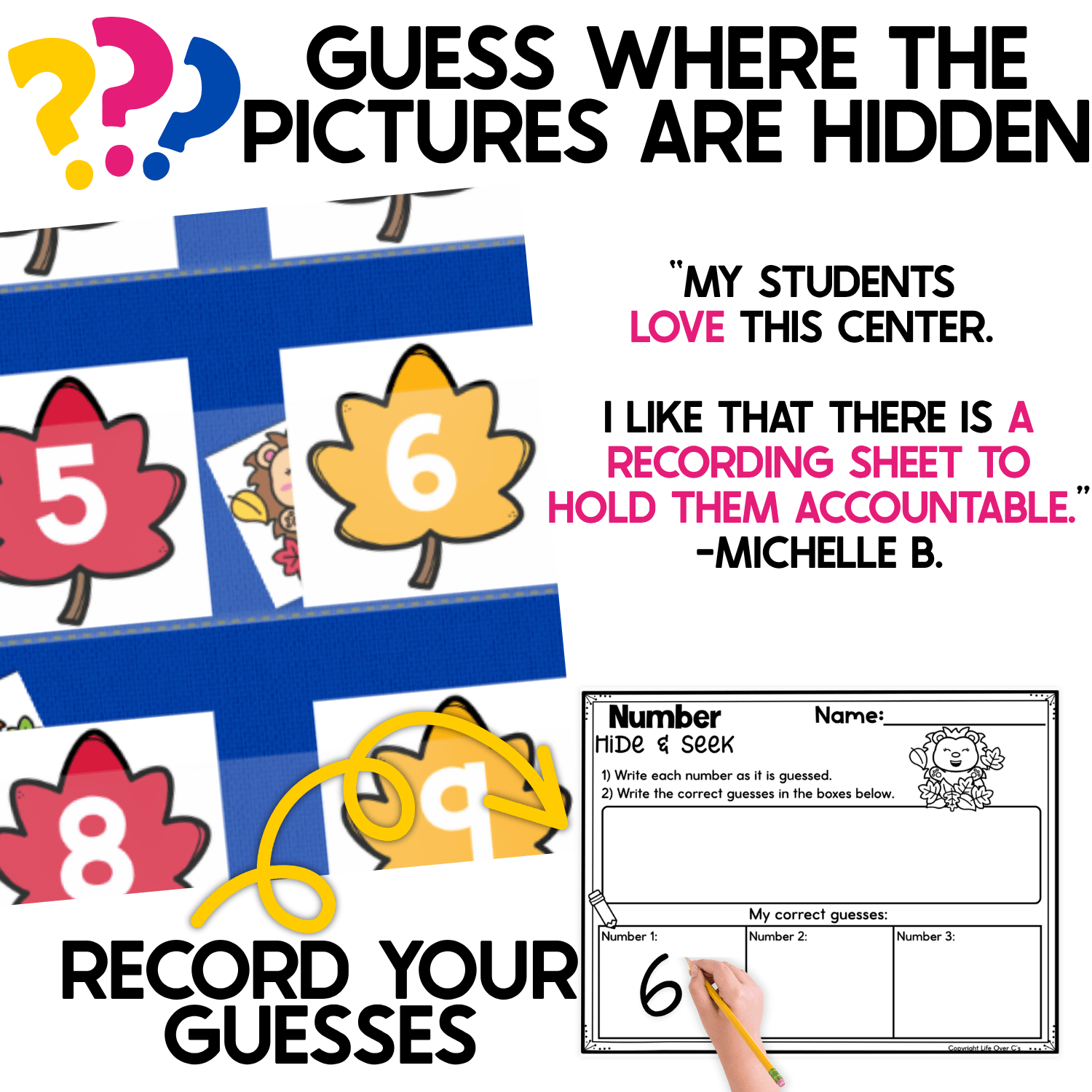 Fall Leaves Number Hide and Seek activity demonstrating how students guess where hedgehog picture cards are hidden behind numbered autumn leaves. A close-up of the blue pocket chart shows colorful leaf number cards including 5, 6, 8, and 9, with a hedgehog peeking from behind one card. A curved yellow arrow points to a Number Hide & Seek recording sheet while a child writes the number 6 in the correct guesses section. The fall math game combines number recognition, prediction, numeral writing, and recording practice.