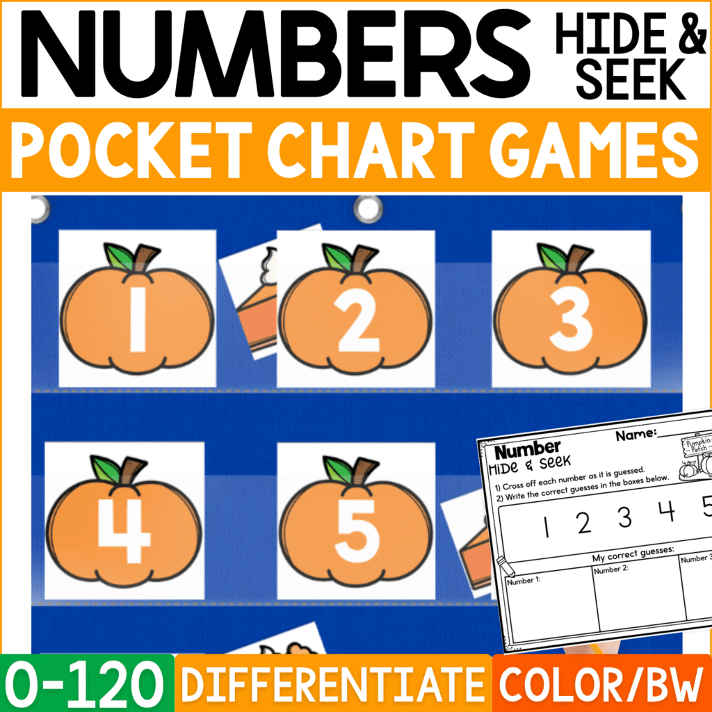 Fall Pumpkin Numbers Hide and Seek pocket chart game cover featuring orange pumpkin number cards 1–5 in a blue pocket chart with pumpkin-themed picture cards hidden behind selected numbers. This differentiated fall number recognition activity practices numbers 0–120 and includes recording pages plus color and black-and-white options.