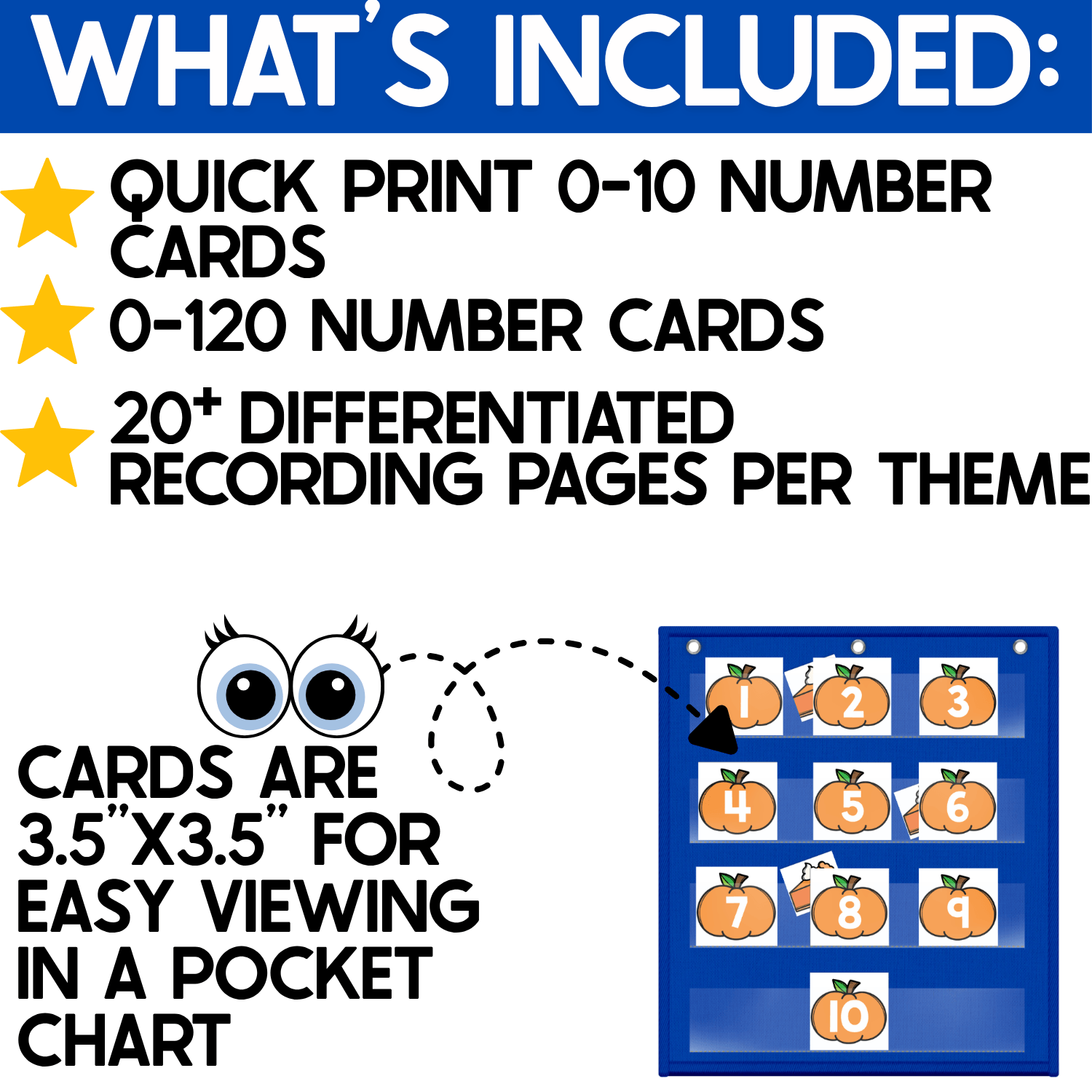 What’s included in the Fall Pumpkin Number Hide and Seek pocket chart game: quick-print 0–10 number cards, number cards 0–120, and 20+ differentiated recording pages per theme. Large 3.5-inch pumpkin number cards are shown in a blue pocket chart for clear viewing during circle time and whole-group number recognition practice.