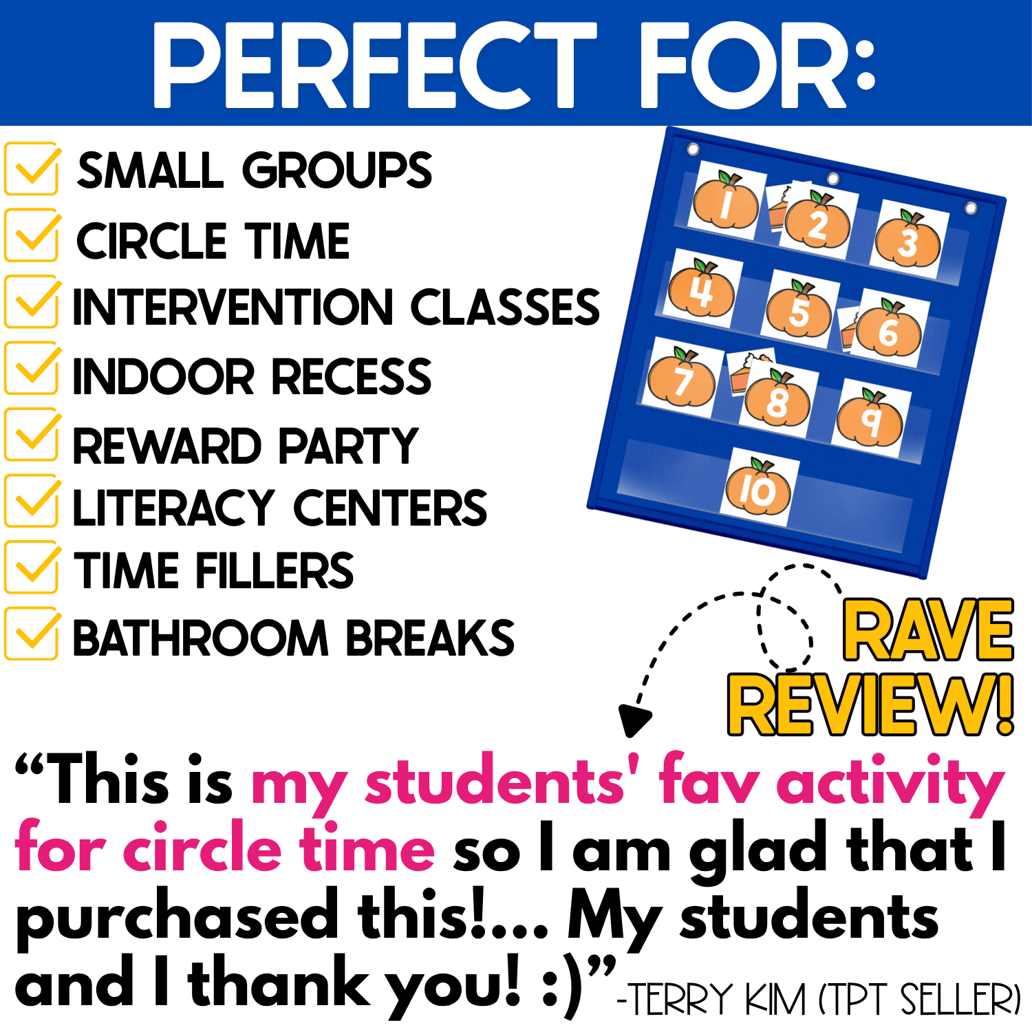 Fall pumpkin number recognition pocket chart game shown as a classroom activity for small groups, circle time, intervention classes, indoor recess, reward parties, literacy centers, time fillers, and bathroom breaks. Orange pumpkin number cards 1–10 fill the blue pocket chart while hidden fall picture cards add a playful hide-and-seek element.