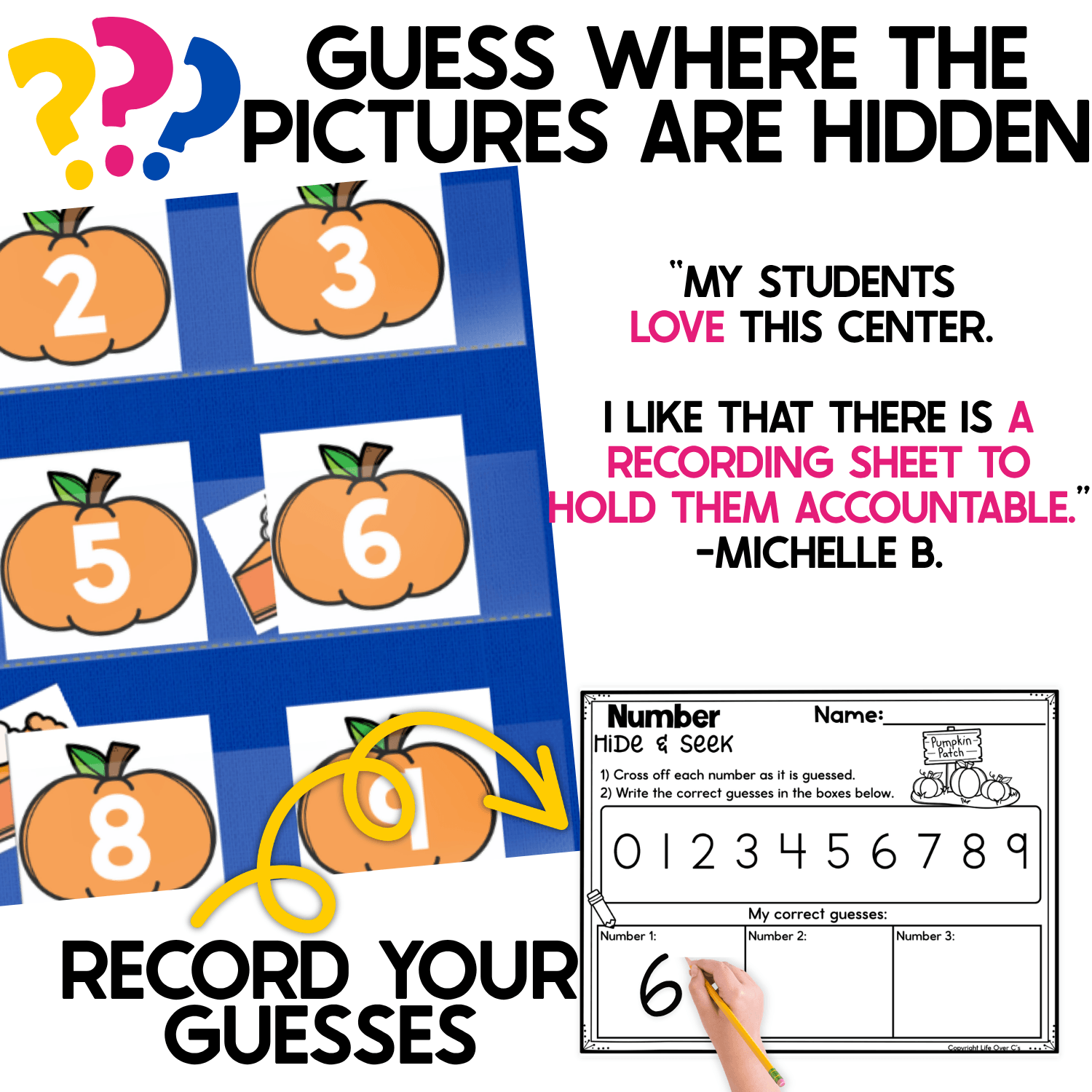 Pumpkin-themed Number Hide and Seek pocket chart game showing numbered pumpkins and hidden fall picture cards as students guess where the pictures are hiding. An included Pumpkin Patch recording sheet lets students cross off number guesses and write correct answers, combining fall number recognition practice with written number recording.