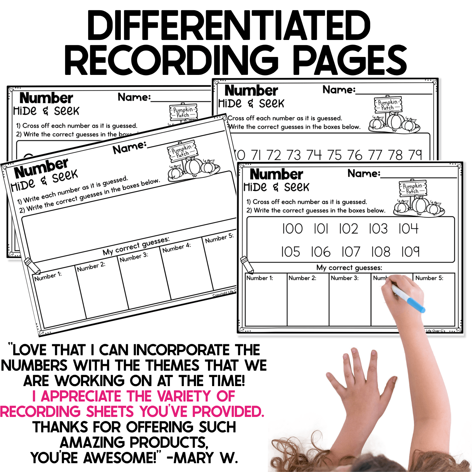 Differentiated Pumpkin Number Hide and Seek recording pages featuring a Pumpkin Patch theme and number ranges including 70–79 and 100–109. Black-and-white fall math worksheets let students cross off numbers as they are guessed and record correct guesses in individual boxes during the pocket chart number game.