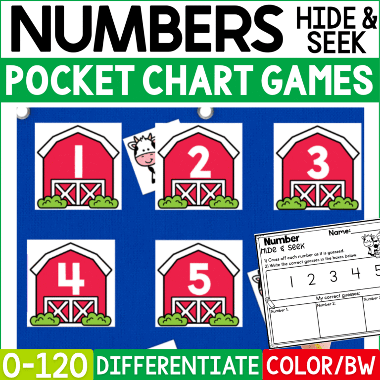 Farm Numbers Hide and Seek pocket chart game cover featuring red barn number cards with cows hiding behind selected numbers in a blue pocket chart. This differentiated number recognition activity includes numbers 0–120, recording sheets, and color and black-and-white formats for preschool, kindergarten, and early elementary math practice.