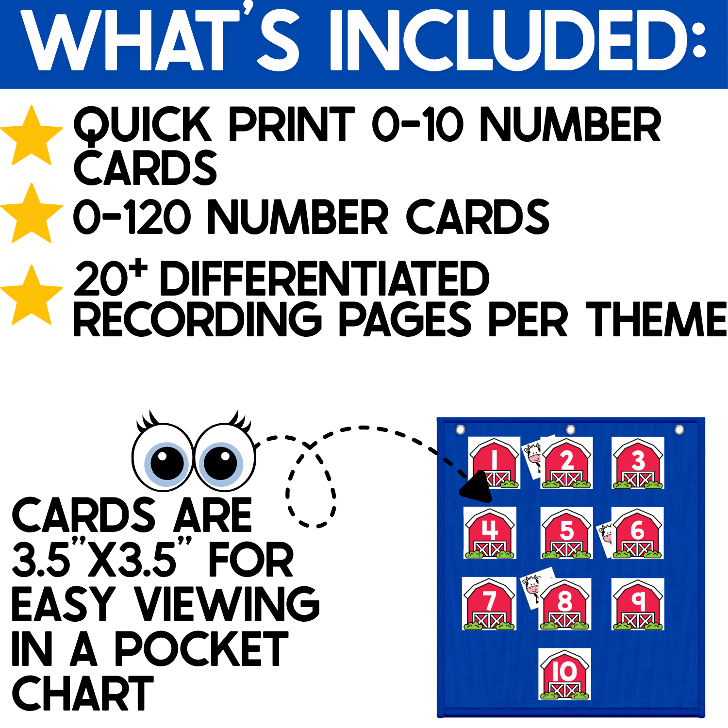 What’s included in the Farm Number Hide and Seek pocket chart game: quick-print number cards 0–10, number cards 0–120, and more than 20 differentiated recording pages per theme. Large 3.5-inch barn number cards are designed for easy viewing in a classroom pocket chart.
