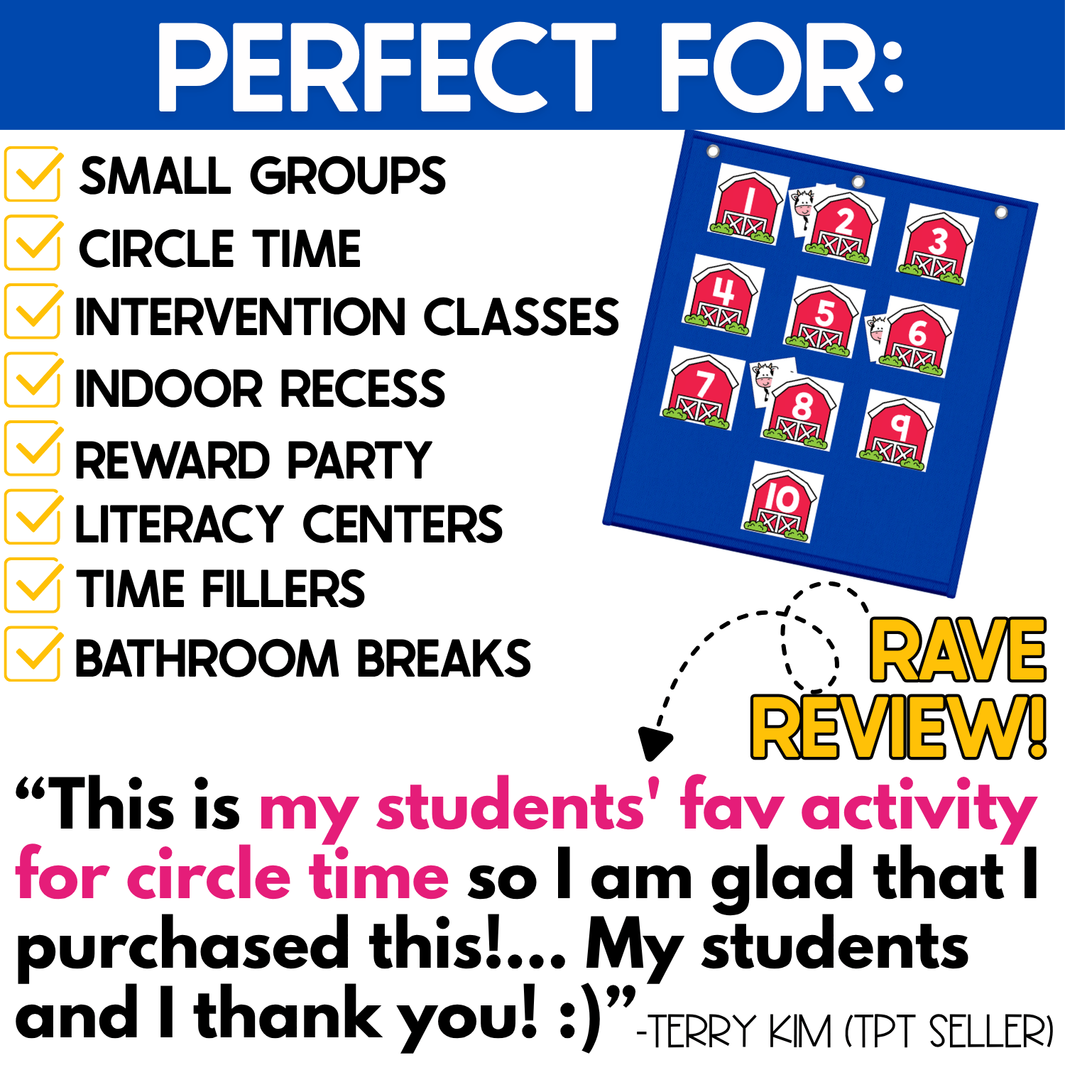 Farm-themed Numbers Hide and Seek pocket chart activity featuring barn number cards 1–10 and hidden cow pictures. The number recognition game is highlighted for small groups, circle time, intervention, indoor recess, reward parties, literacy centers, time fillers, and classroom breaks.