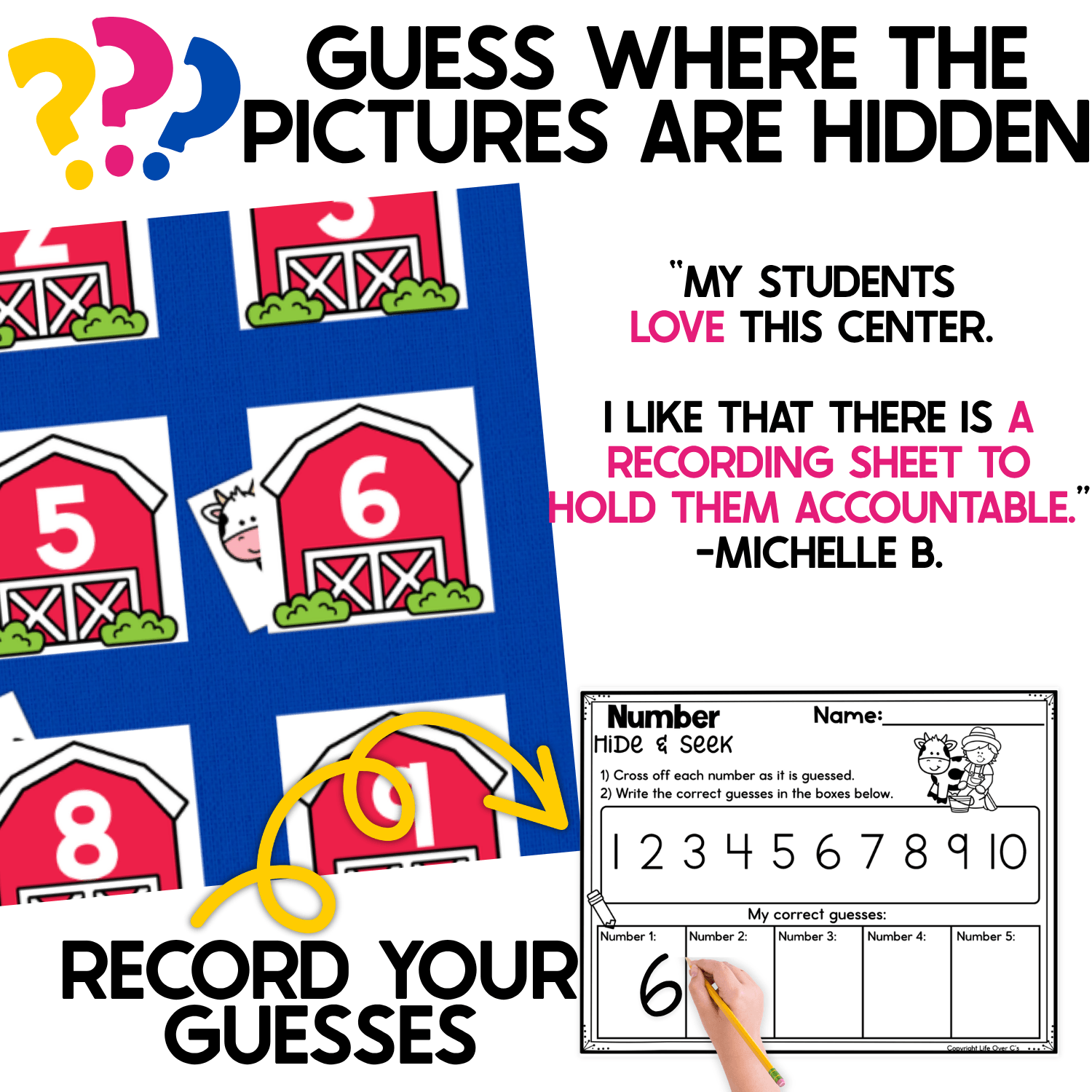 Cow-themed Number Hide and Seek pocket chart game with red barn number cards and hidden cow pictures. Students guess which numbers are hiding the cows, then use the included recording sheet to cross off number guesses and write correct answers for extra number recognition practice.