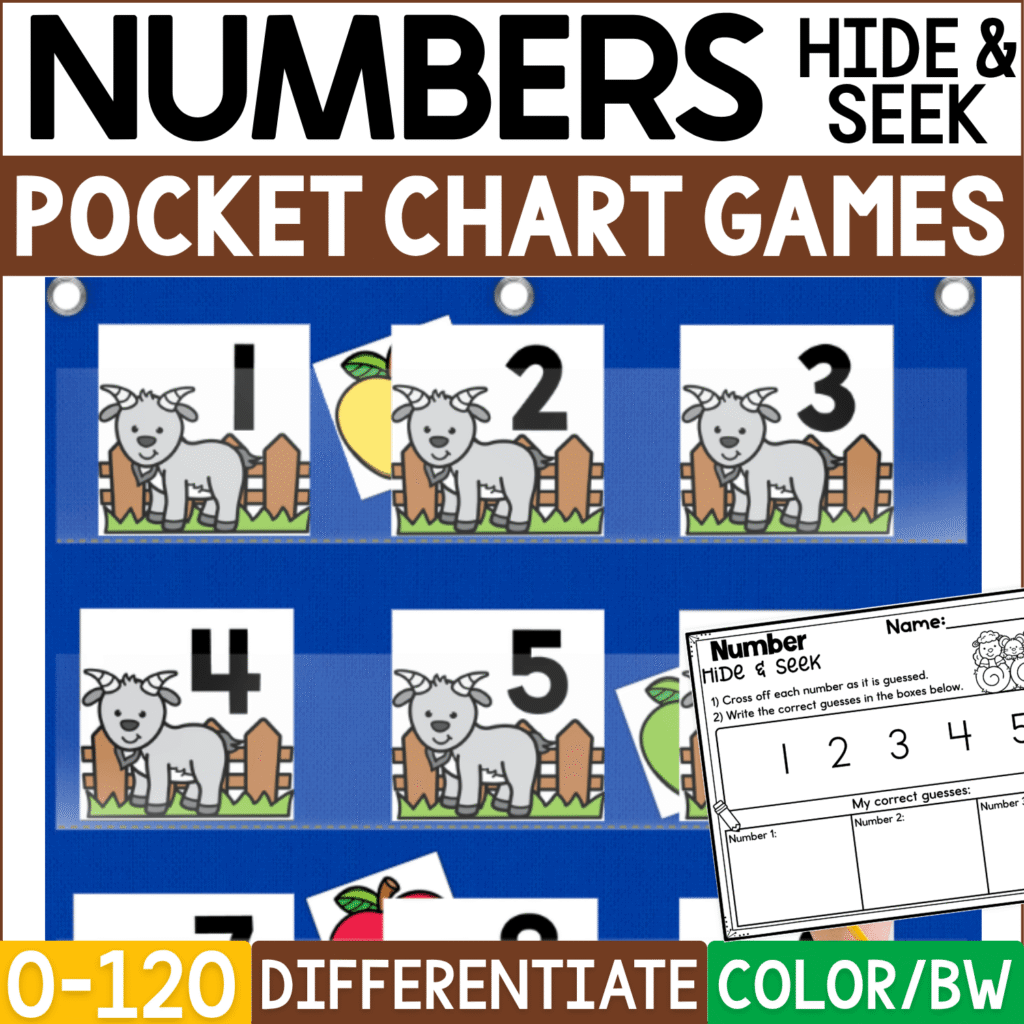 Farm Numbers Hide and Seek pocket chart game cover featuring goat number cards 1–5 displayed in a blue pocket chart with colorful apple picture cards hiding behind selected numbers. This differentiated farm number recognition activity includes numbers 0–120, recording sheets, and color and black-and-white formats for preschool, kindergarten, and early elementary math practice.