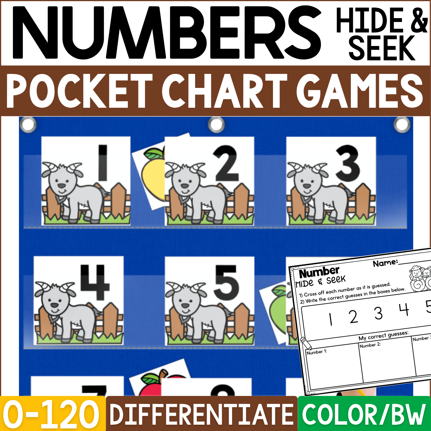 Farm Numbers Hide and Seek pocket chart game cover featuring goat number cards 1–5 displayed in a blue pocket chart with colorful apple picture cards hiding behind selected numbers. This differentiated farm number recognition activity includes numbers 0–120, recording sheets, and color and black-and-white formats for preschool, kindergarten, and early elementary math practice.