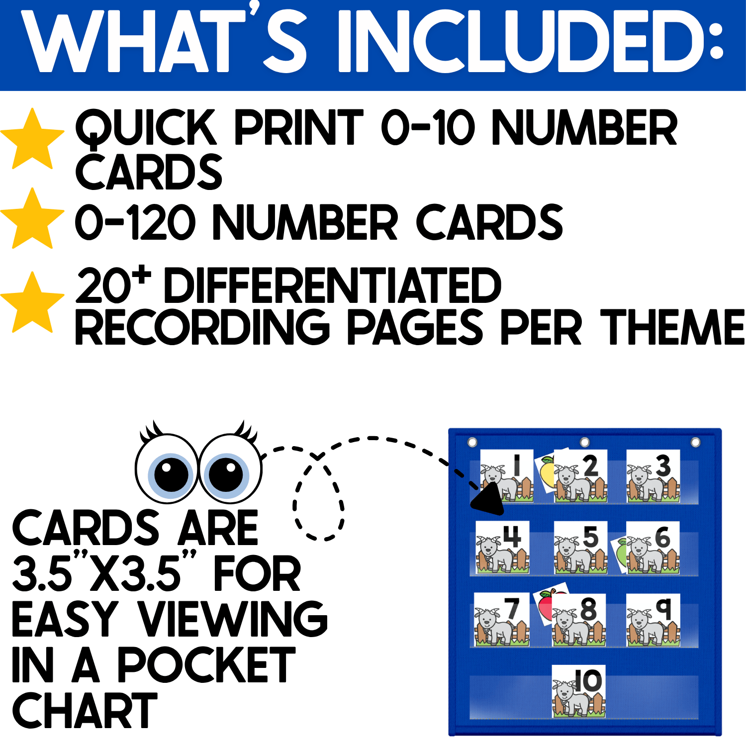 What’s included in the Farm Goat Number Hide and Seek pocket chart game: quick-print number cards 0–10, complete number cards 0–120, and more than 20 differentiated recording pages per theme. Large 3.5-inch goat number cards are shown in a blue pocket chart with hidden apple pictures for easy viewing during whole-group and small-group math practice.
