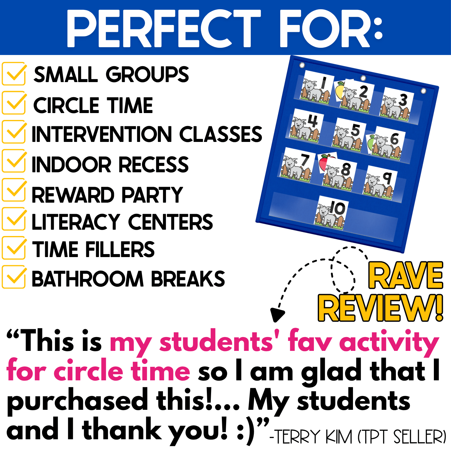 Farm goat Numbers Hide and Seek pocket chart activity featuring goat number cards 1–10 and colorful apple cards hidden behind selected numbers. The number recognition game is highlighted for small groups, circle time, intervention classes, indoor recess, reward parties, literacy centers, time fillers, and classroom breaks.