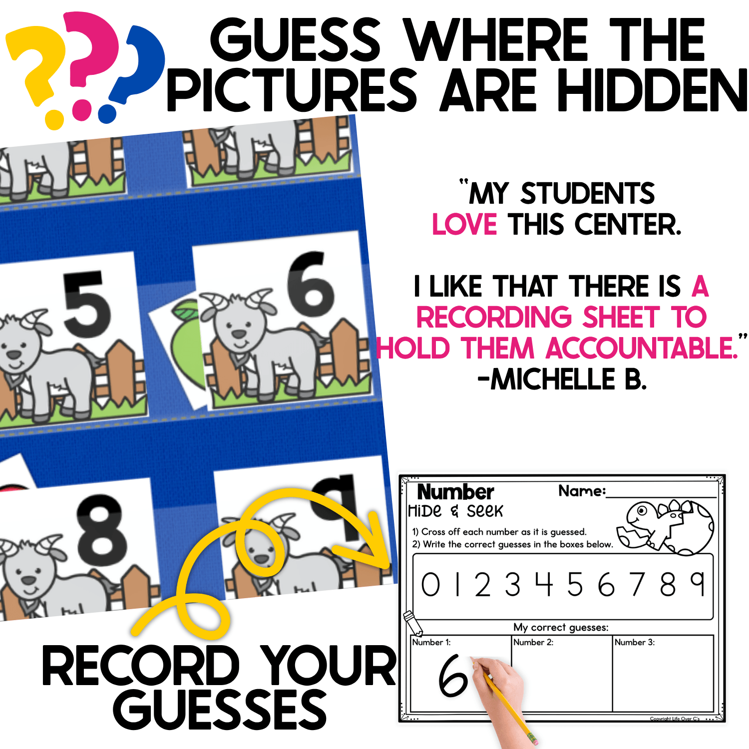 Farm Goat Number Hide and Seek game showing goat number cards in a blue pocket chart with colorful apple picture cards tucked behind selected numbers. Students guess where the hidden pictures are, identify each numeral, and use the included Number Hide and Seek recording sheet to cross off guesses and write the numbers they find.