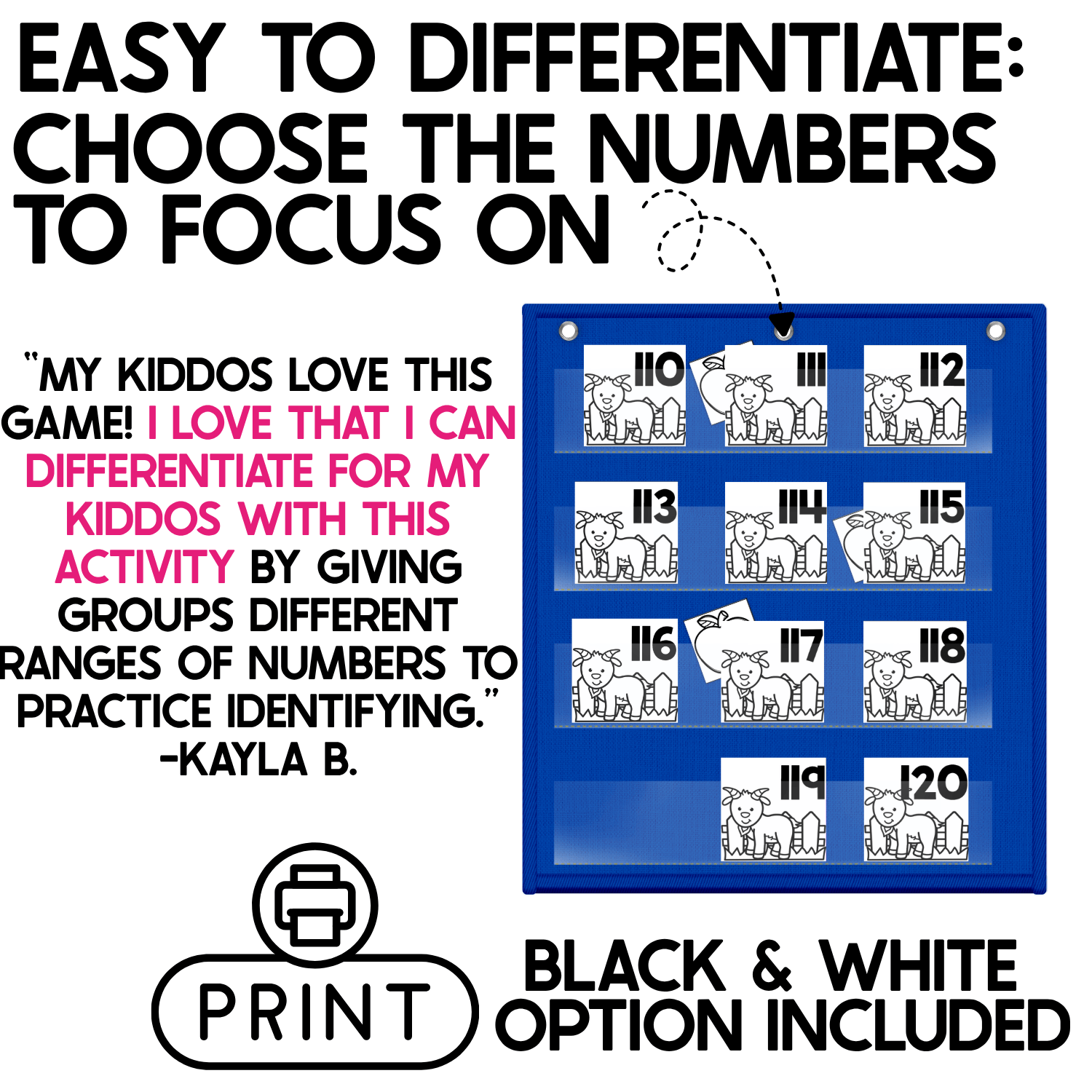 Farm goat number recognition pocket chart game showing black-and-white goat number cards 110–120 arranged in a blue pocket chart with colorful apple picture cards hidden behind selected numbers. Teachers can choose the exact number range students need to practice, making this differentiated Numbers Hide and Seek activity useful for targeted math review. A black-and-white printing option is included.