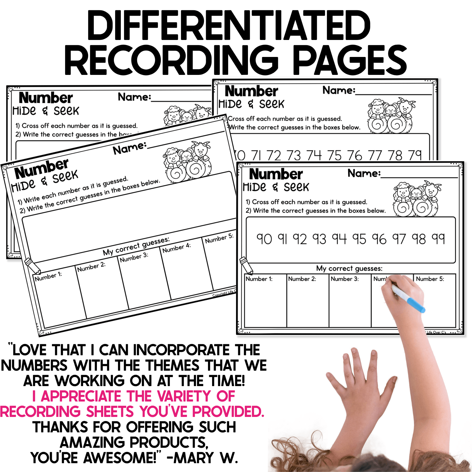 Differentiated Farm Goat Number Hide and Seek recording pages featuring goat-themed black-and-white worksheets for multiple number ranges, including 70–79 and 90–99. Students cross off numbers as they are guessed and write correct guesses in individual boxes, extending the farm pocket chart game with number recognition and numeral writing practice.