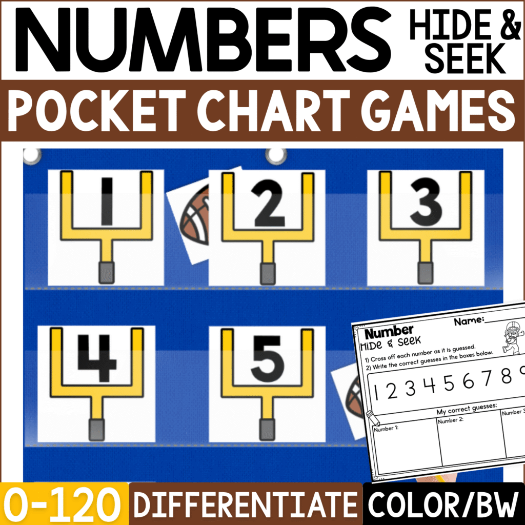 Football Numbers Hide and Seek pocket chart game cover featuring yellow goalpost number cards 1–5 displayed in a blue pocket chart with football picture cards hidden behind selected numbers. This differentiated football math activity practices number recognition from 0–120 and includes recording pages plus color and black-and-white options.