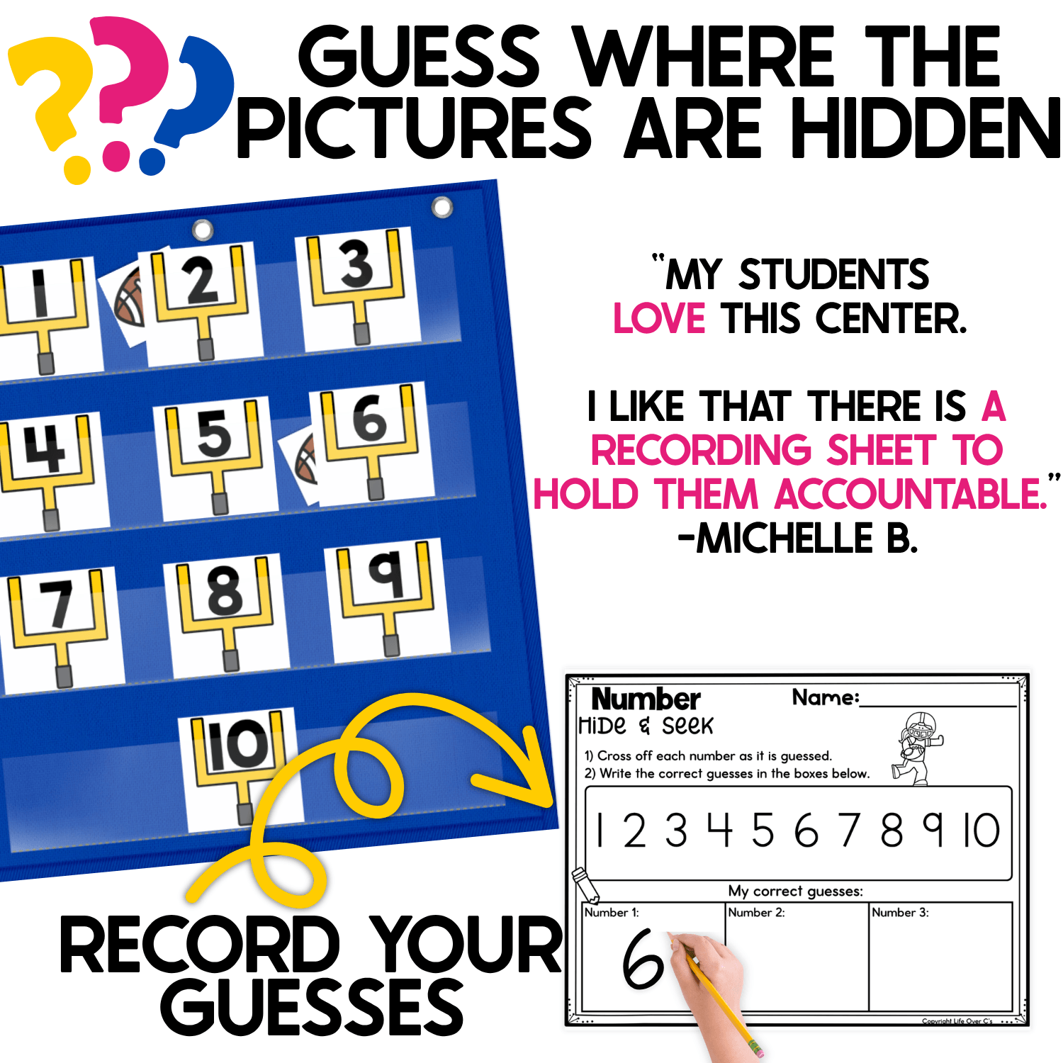 Football-themed Number Hide and Seek pocket chart activity showing goalpost number cards 1–10 with football pictures tucked behind selected numbers. Students guess where the footballs are hidden, identify each number, and use the included football recording sheet to cross off guesses and write the numbers they find.