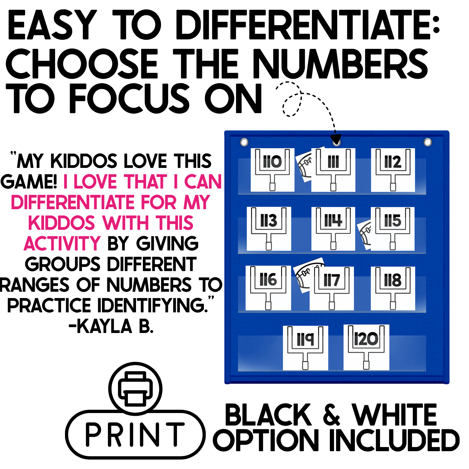 Differentiated Football Number Hide and Seek activity showing black-and-white goalpost cards numbered 110–120 in a blue pocket chart with football picture cards hidden behind selected numbers. Teachers can choose the exact number range students need to practice, making this football math game useful for targeted number recognition review, with a black-and-white printing option included.