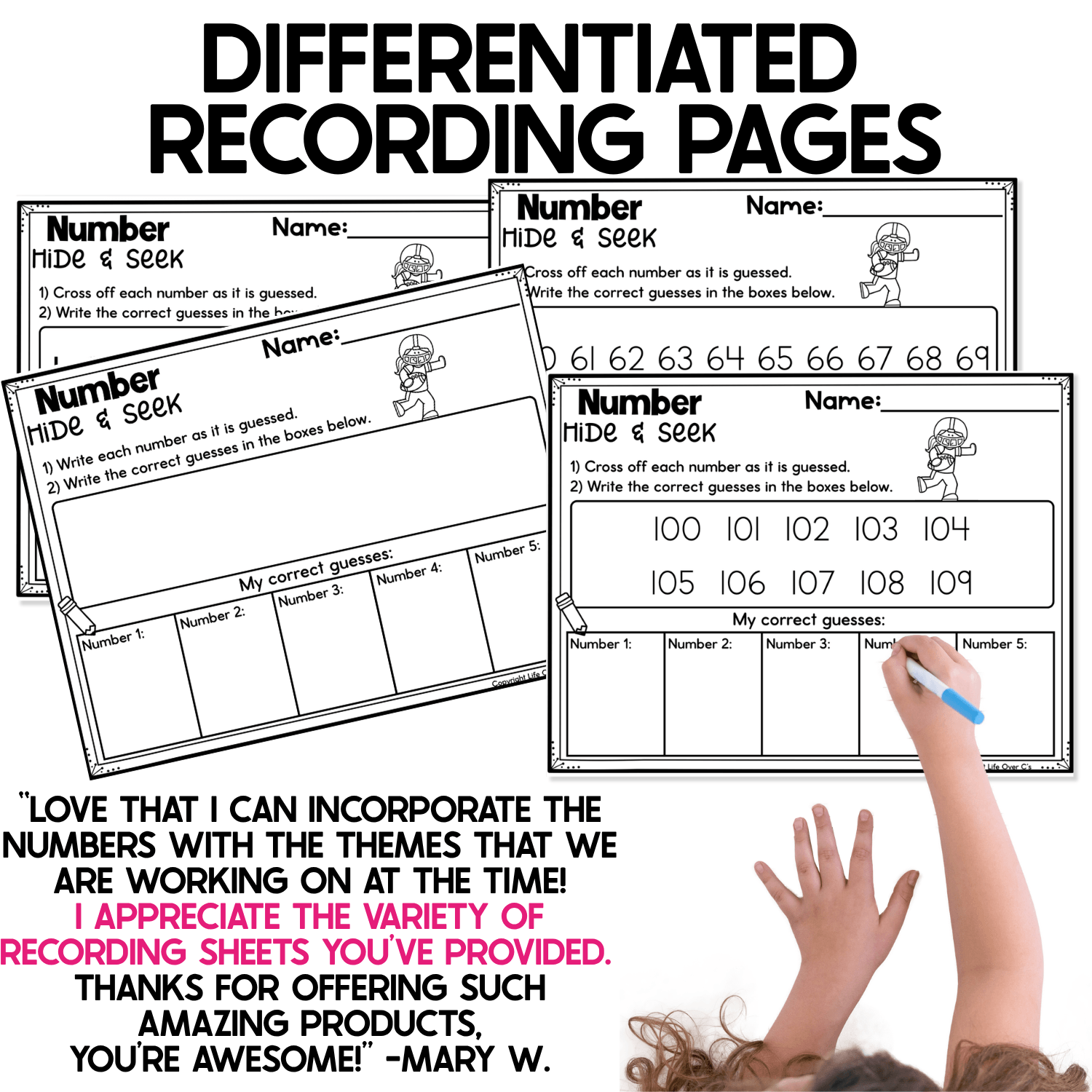 Differentiated Football Number Hide and Seek recording pages featuring football player graphics and number ranges including 60–69 and 100–109. Students cross off numbers as they are guessed and record correct guesses in individual boxes, combining football-themed number recognition with numeral writing and independent accountability.