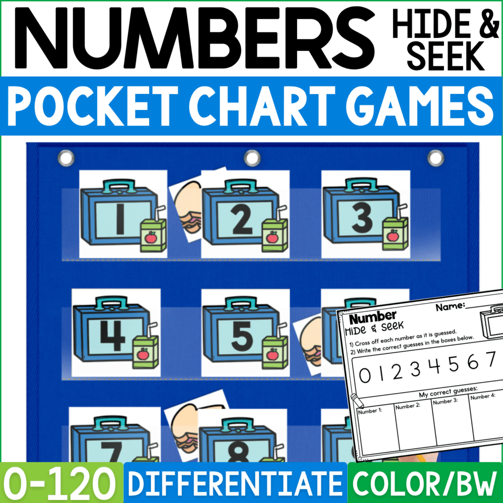 School Lunch Numbers Hide and Seek pocket chart game cover featuring blue lunchbox number cards 1–8 with juice boxes and sandwich picture cards hidden behind selected numbers. This differentiated school-themed number recognition game practices numbers 0–120 and includes recording sheets plus color and black-and-white formats.