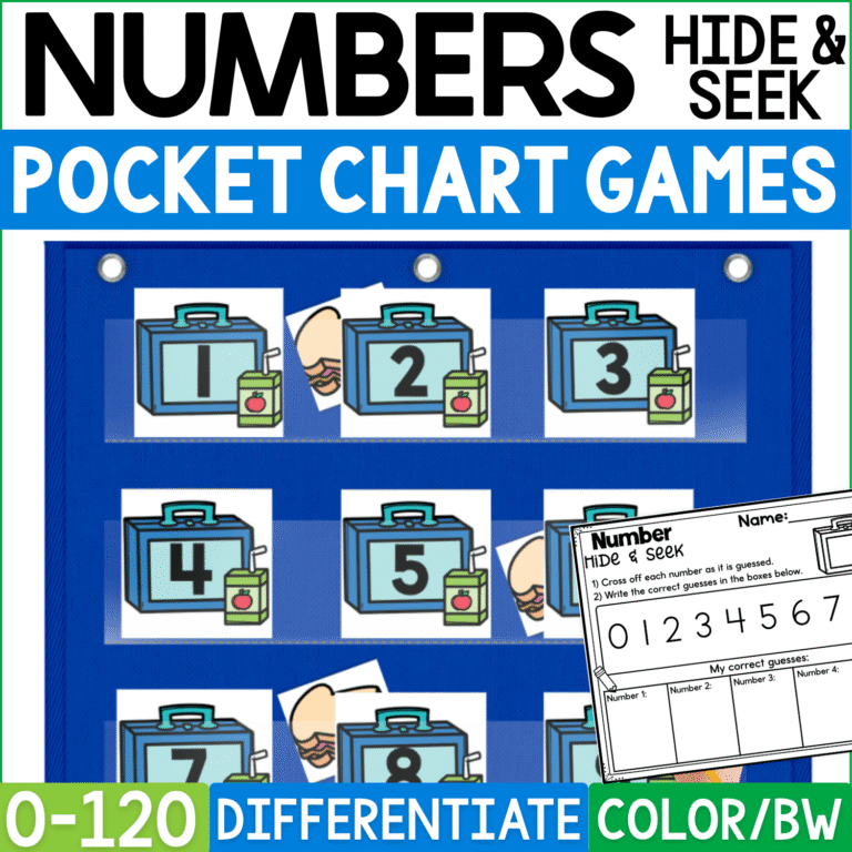 School Lunch Numbers Hide and Seek pocket chart game cover featuring blue lunchbox number cards 1–8 with juice boxes and sandwich picture cards hidden behind selected numbers. This differentiated school-themed number recognition game practices numbers 0–120 and includes recording sheets plus color and black-and-white formats.