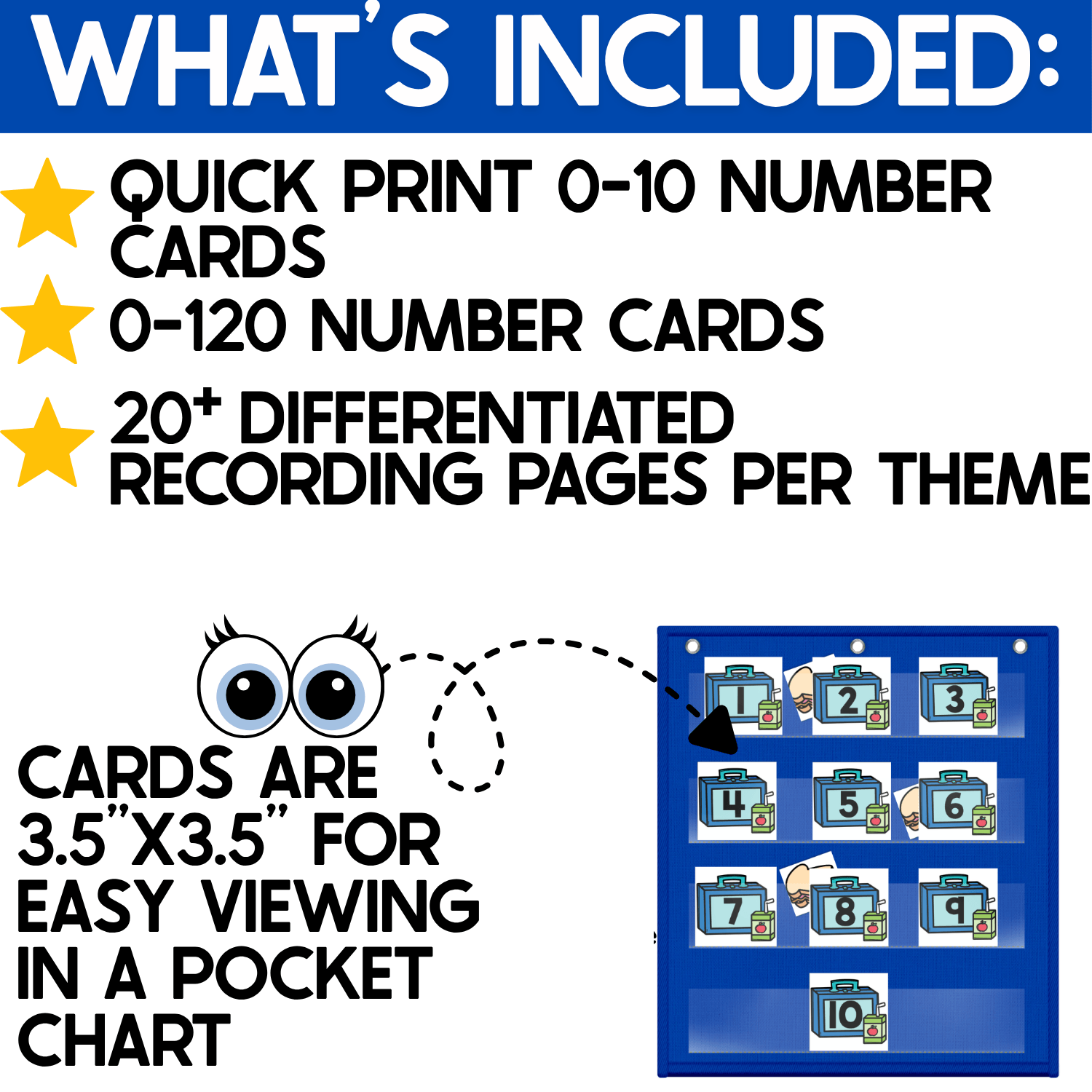 What’s included in the School Lunch Number Hide and Seek pocket chart game: quick-print number cards 0–10, complete number cards 0–120, and 20+ differentiated recording pages per theme. Large 3.5-inch lunchbox number cards with juice boxes are shown in a blue pocket chart for easy viewing during classroom number practice.
