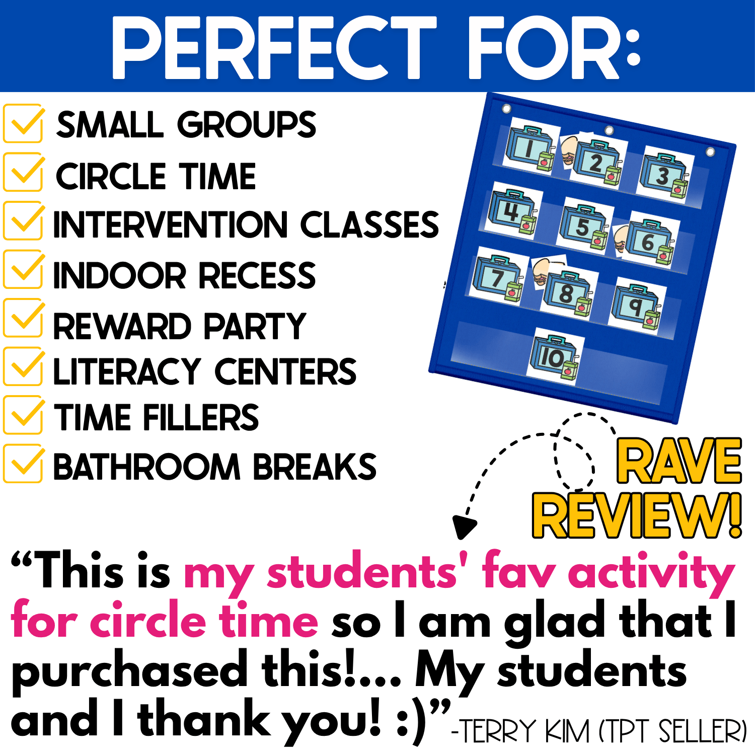 School lunch Number Hide and Seek pocket chart activity featuring lunchbox number cards 1–10 with sandwich pictures hidden behind selected numbers. The interactive number recognition game is highlighted for small groups, circle time, intervention classes, indoor recess, reward parties, literacy centers, time fillers, and classroom breaks.