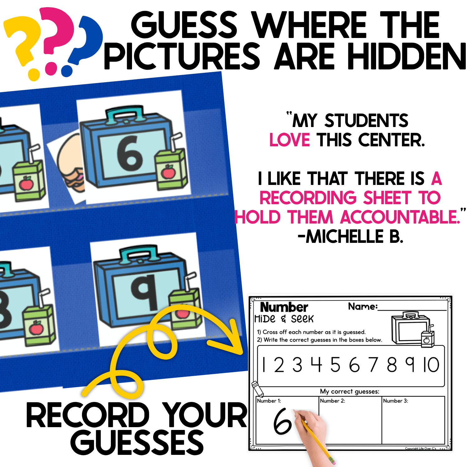 School-themed Number Hide and Seek pocket chart game showing numbered lunchboxes with juice boxes and hidden sandwich pictures. Students guess where the school lunch pictures are hiding, identify the numbers, and use the included recording sheet to cross off guesses and write the correct numbers they find.