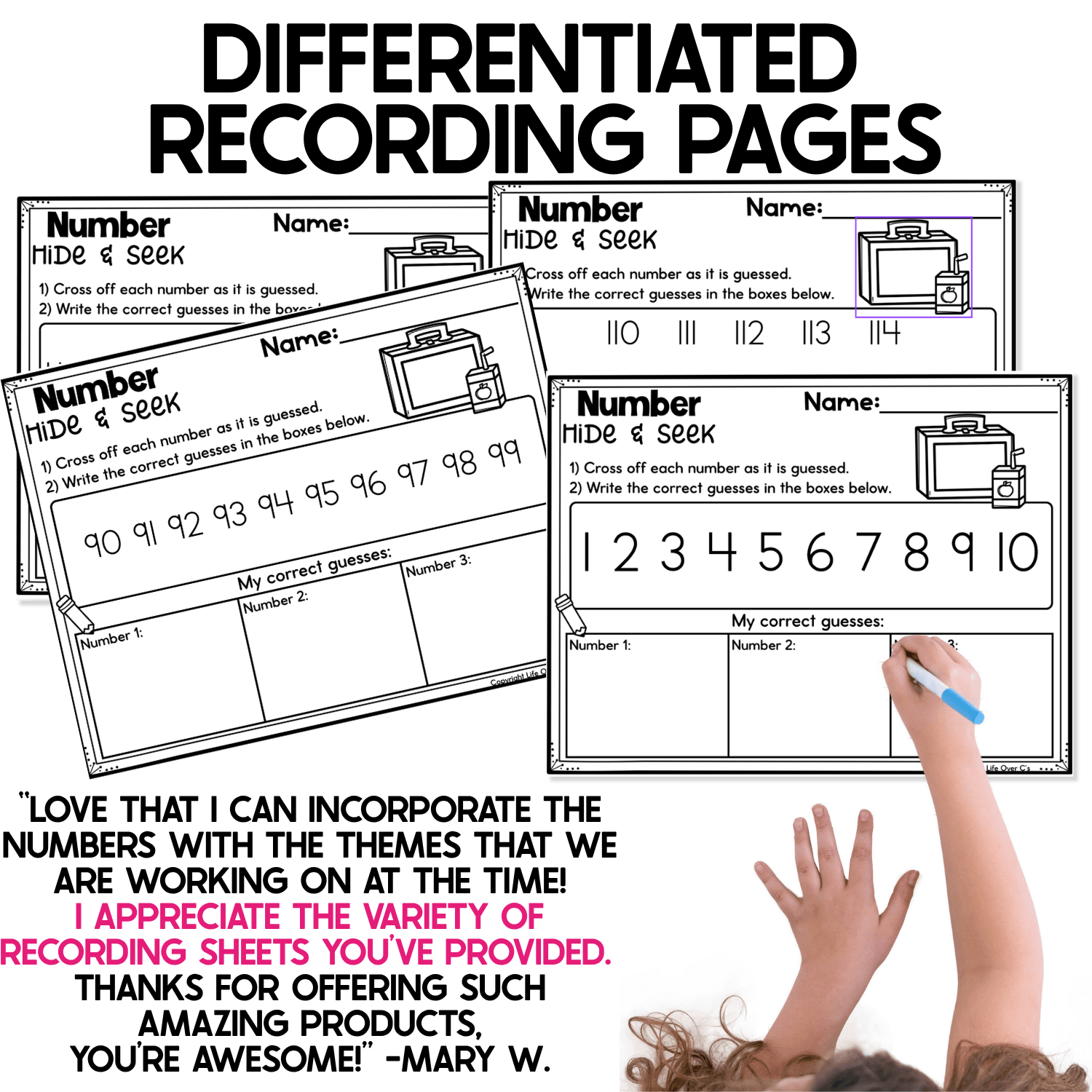 Differentiated School Lunch Number Hide and Seek recording pages featuring lunchbox and juice box graphics with number ranges including 1–10, 90–99, and 110–114. Students cross off numbers as they are guessed and record correct guesses in individual boxes for school-themed number recognition and numeral writing practice.