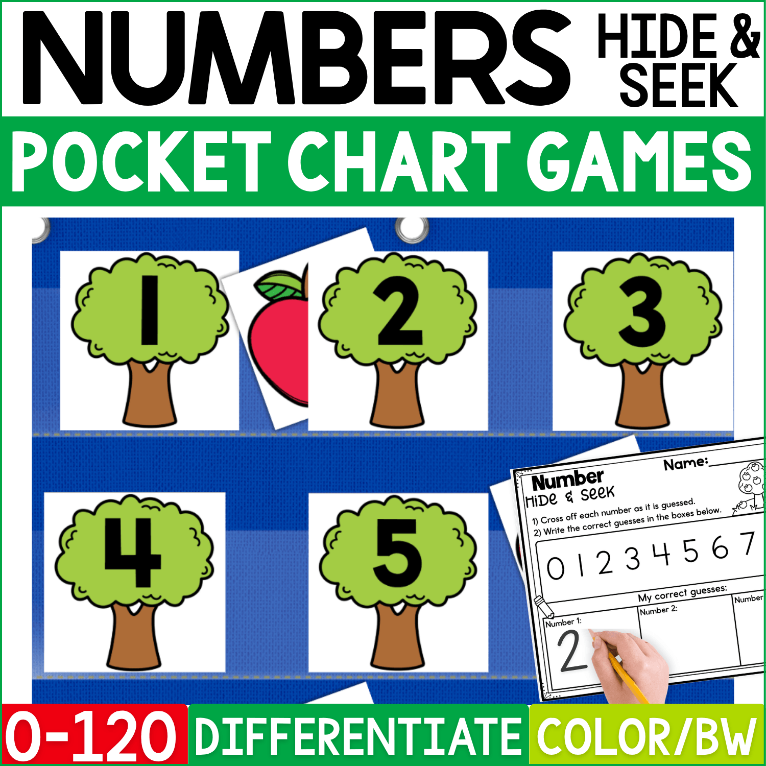 Apple Tree Numbers Hide & Seek pocket chart game cover showing green apple tree number cards 1–5 in a blue pocket chart, with a red apple hiding behind one tree and a printable number recording page. The differentiated number recognition activity includes numbers 0–120 in color and black-and-white formats for preschool, kindergarten, and early elementary math practice.