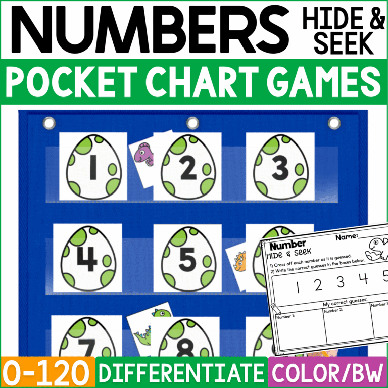 Dinosaur Numbers Hide and Seek pocket chart game cover featuring green-spotted dinosaur egg number cards 1–8 in a blue pocket chart with colorful dinosaur picture cards hidden behind selected numbers. This differentiated dinosaur math game practices number recognition from 0–120 and includes recording pages plus color and black-and-white options.