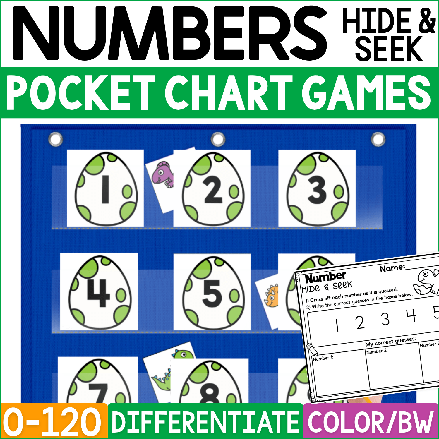 Dinosaur Numbers Hide and Seek pocket chart game cover featuring green-spotted dinosaur egg number cards 1–8 in a blue pocket chart with colorful dinosaur picture cards hidden behind selected numbers. This differentiated dinosaur math game practices number recognition from 0–120 and includes recording pages plus color and black-and-white options.