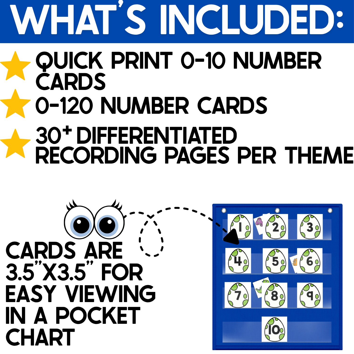 What’s included in the Dinosaur Number Hide and Seek pocket chart game: quick-print 0–10 number cards, complete number cards 0–120, and 30+ differentiated recording pages per theme. Large 3.5-inch dinosaur egg number cards are shown in a blue pocket chart with hidden dinosaur pictures for easy viewing during circle time, math centers, and number recognition practice.