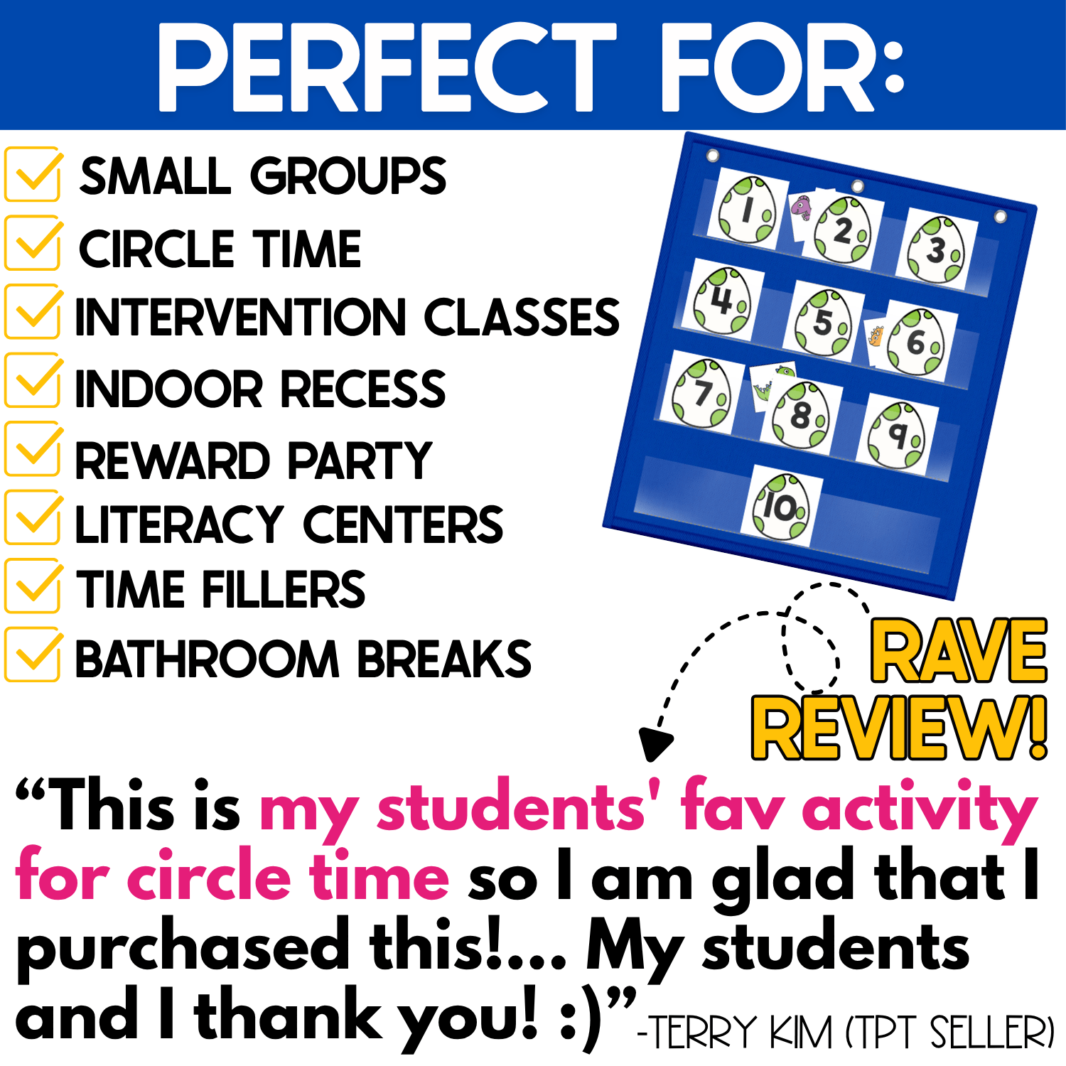 Dinosaur-themed Number Hide and Seek pocket chart activity featuring green-spotted dinosaur egg number cards 1–10 with colorful dinosaurs hidden behind selected numbers. This interactive number recognition game is shown as a flexible classroom activity for small groups, circle time, intervention classes, indoor recess, reward parties, literacy centers, time fillers, and classroom breaks.