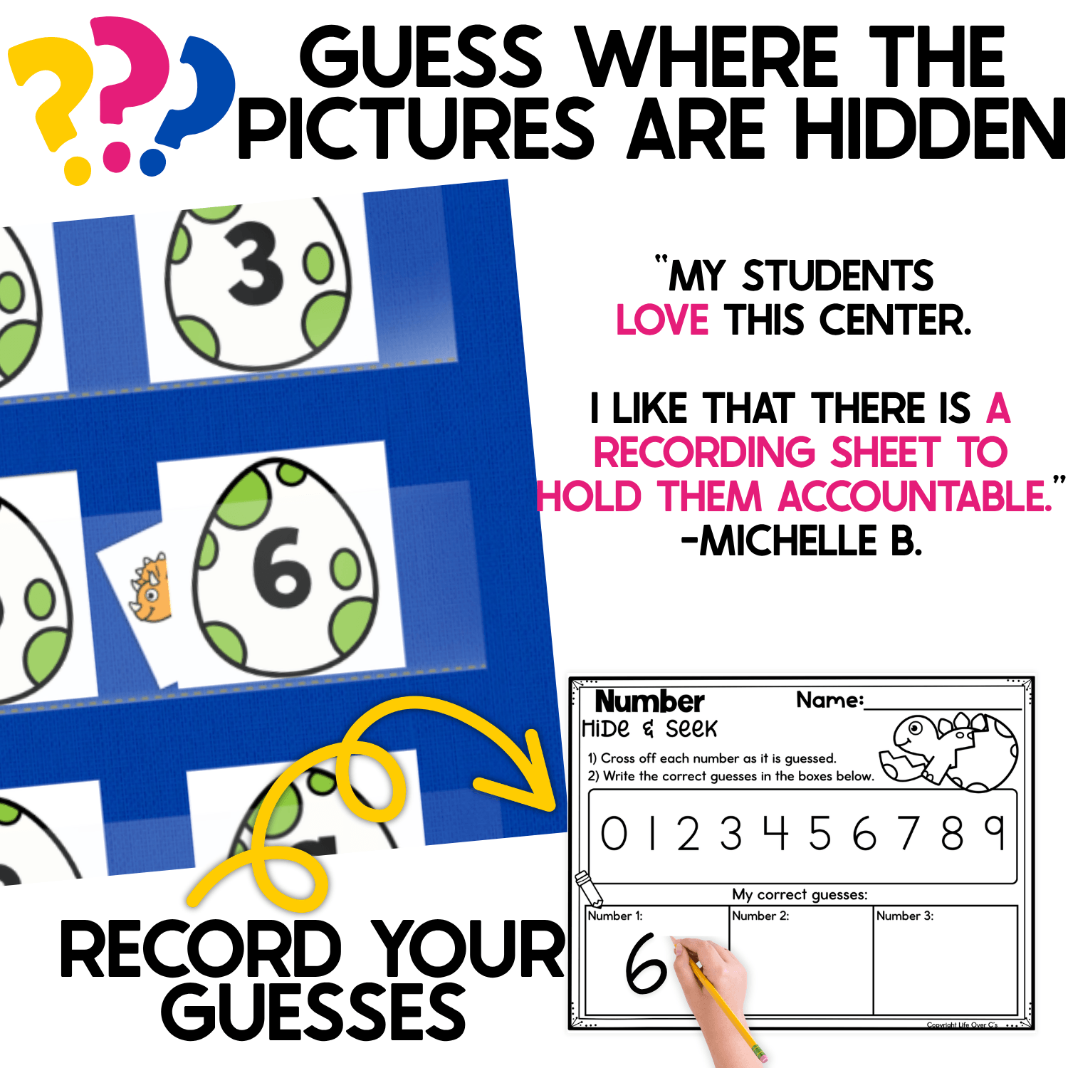 Dinosaur-themed Number Hide and Seek pocket chart game showing numbered dinosaur eggs with colorful dinosaur picture cards tucked behind selected numbers. Students guess where the dinosaurs are hiding, identify each numeral, and use the included dinosaur recording sheet to cross off guesses and write the correct numbers they find.