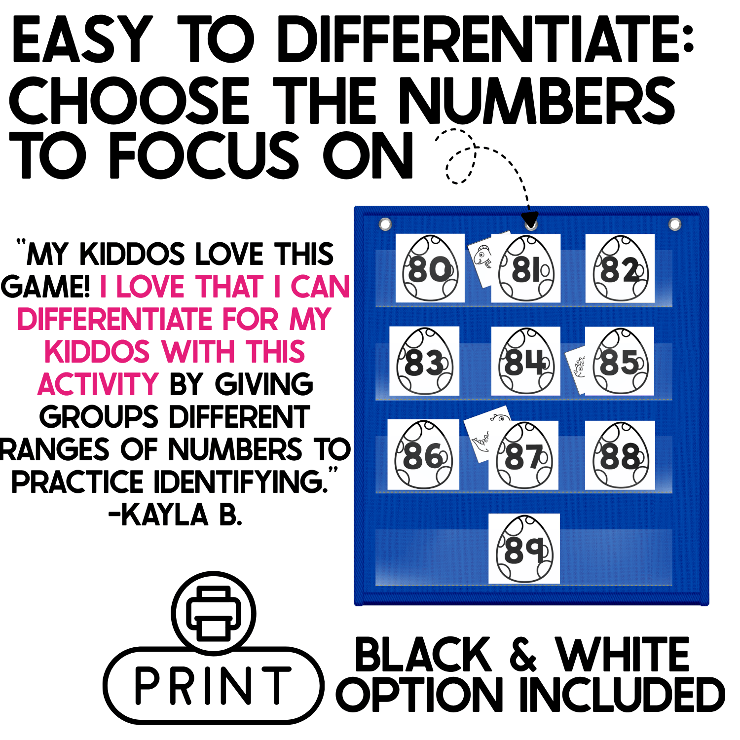 Differentiated Dinosaur Number Hide and Seek activity showing black-and-white dinosaur egg number cards 80–89 in a blue pocket chart with dinosaur picture cards hidden behind selected numbers. Teachers can choose the exact number range students need to practice for targeted number recognition review, with a black-and-white printing option included.