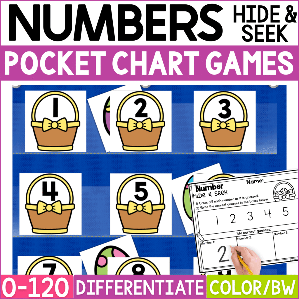Easter Numbers Hide & Seek pocket chart game cover showing Easter basket number cards 1–5 arranged in a blue pocket chart, with a colorful Easter egg hiding behind the numbered baskets and a printable recording page for number guesses. The differentiated Easter number recognition game includes numbers 0–120 in color and black-and-white formats.