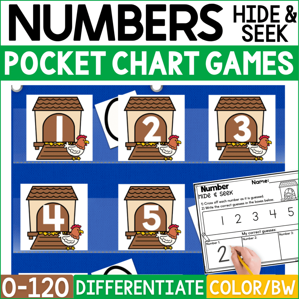 Farm Chicken Numbers Hide & Seek pocket chart game featuring chicken coop cards numbered 1–5, hens beside each coop, and a hidden egg picture peeking from behind the number cards. A printable number recording sheet supports differentiated farm-themed number recognition practice from 0–120.