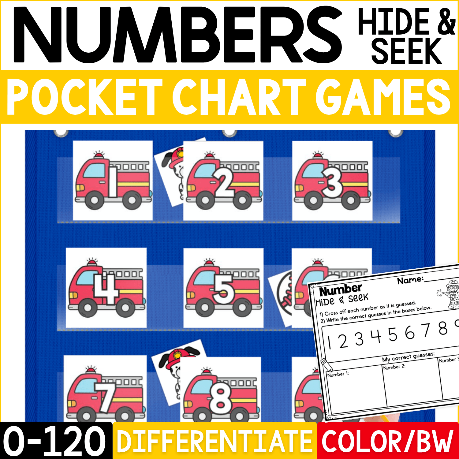 Firetruck Numbers Hide & Seek pocket chart game cover showing numbered fire engine cards 1–10 tucked into a blue pocket chart with hidden firefighter picture cards, plus a recording sheet. Number cards extend from 0–120 with differentiated color and black-and-white options for preschool, kindergarten, and elementary math practice.