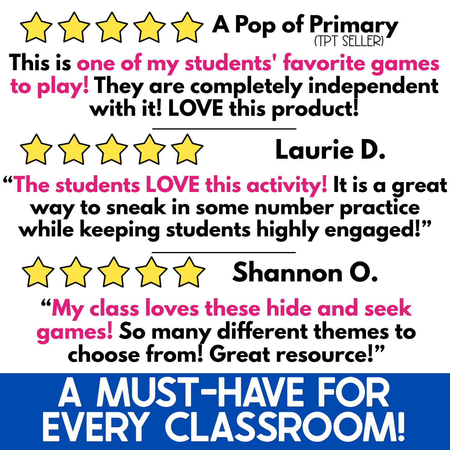 Five-star teacher reviews for the Numbers Hide & Seek pocket chart game highlighting independent number practice, high student engagement, and multiple themed games, with a bold “A Must-Have for Every Classroom” heading.