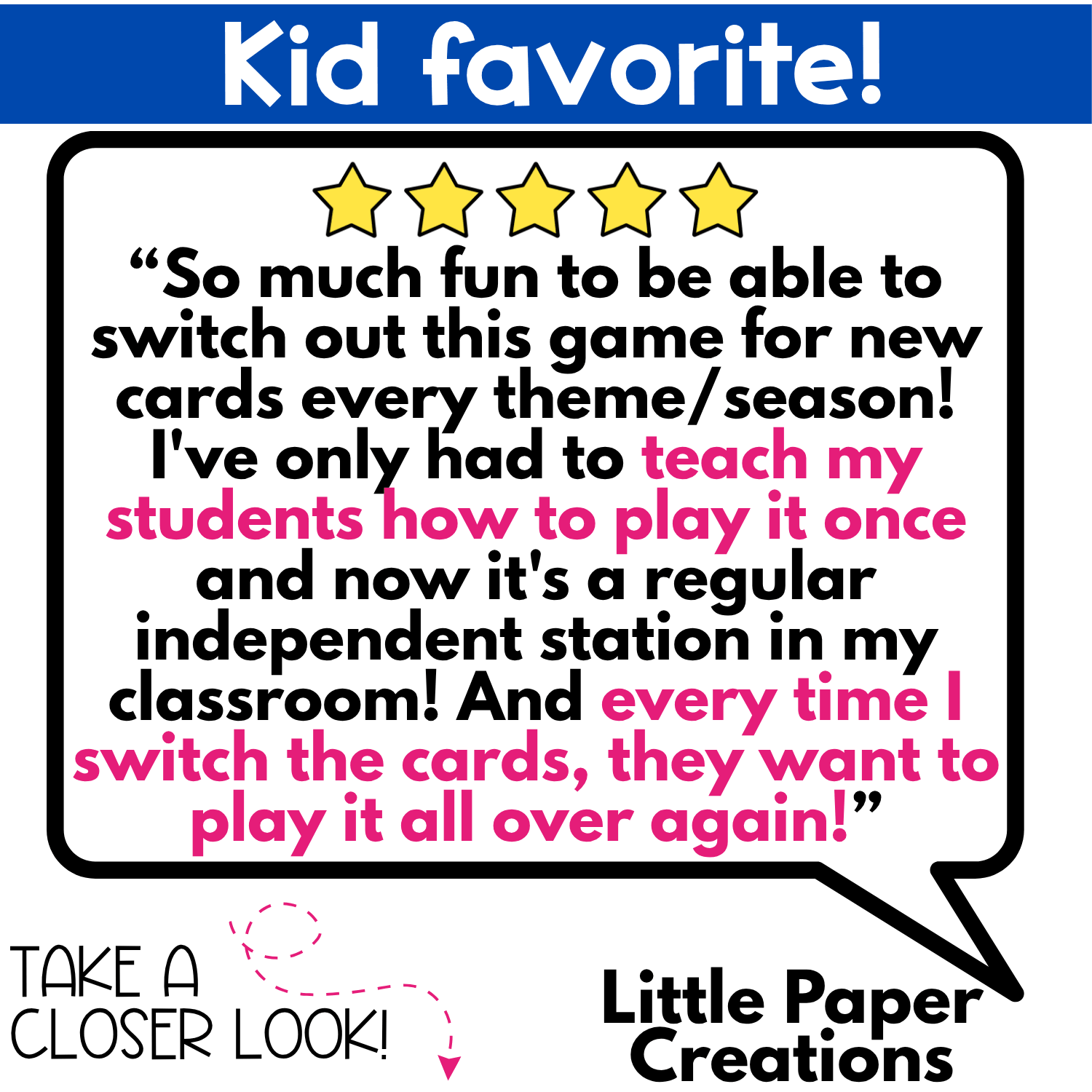 Five-star Kid Favorite review for the Numbers Hide & Seek pocket chart game describing how students quickly learn the game, play independently in classroom centers, and stay excited when new themed number cards are added.
