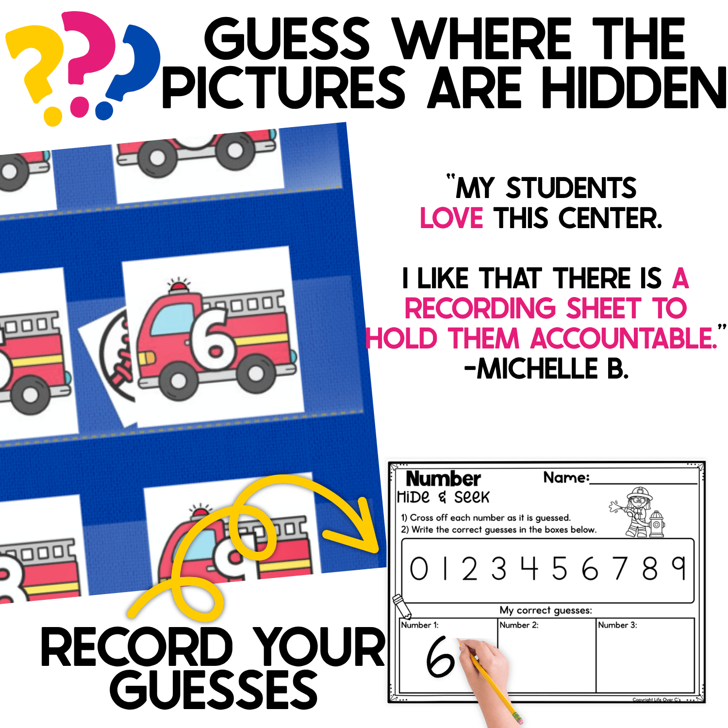 Firetruck Numbers Hide & Seek gameplay showing a firefighter picture hidden behind a numbered fire engine card while children guess where the pictures are hiding and record each number guess on a printable recording sheet. A teacher review highlights the accountable written number practice.