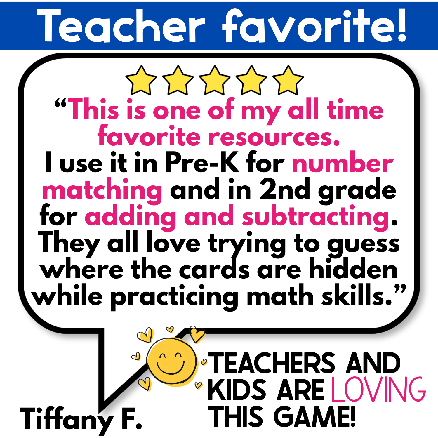 Five-star Teacher Favorite review for the Numbers Hide & Seek game describing use in Pre-K for number matching and in second grade for addition and subtraction while students guess which numbered pocket chart cards are hiding the pictures.