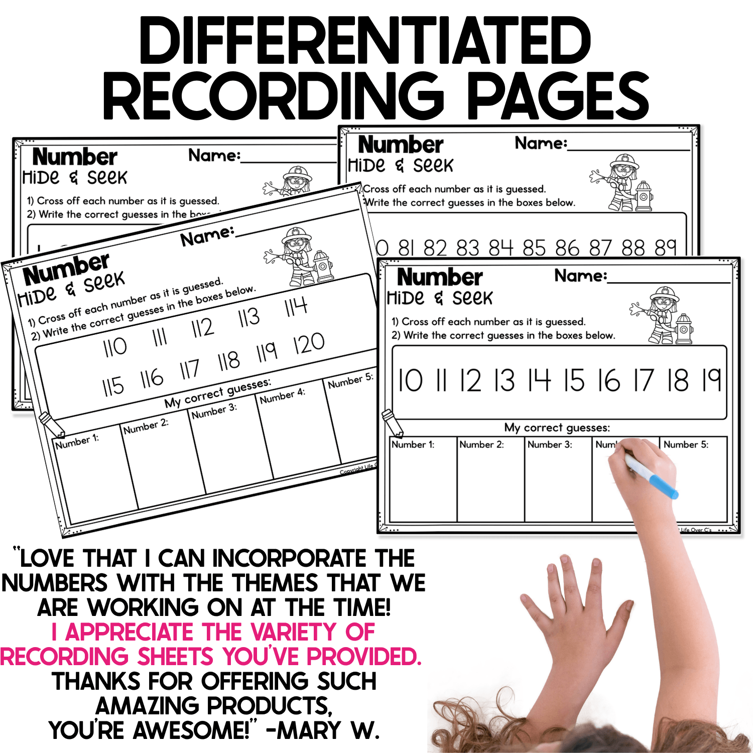 Differentiated Numbers Hide & Seek recording pages featuring number ranges including beginning numbers, teen numbers, and numbers through 120. Printable pages let children cross off each number guessed and write their guesses while playing the firetruck pocket chart number game.