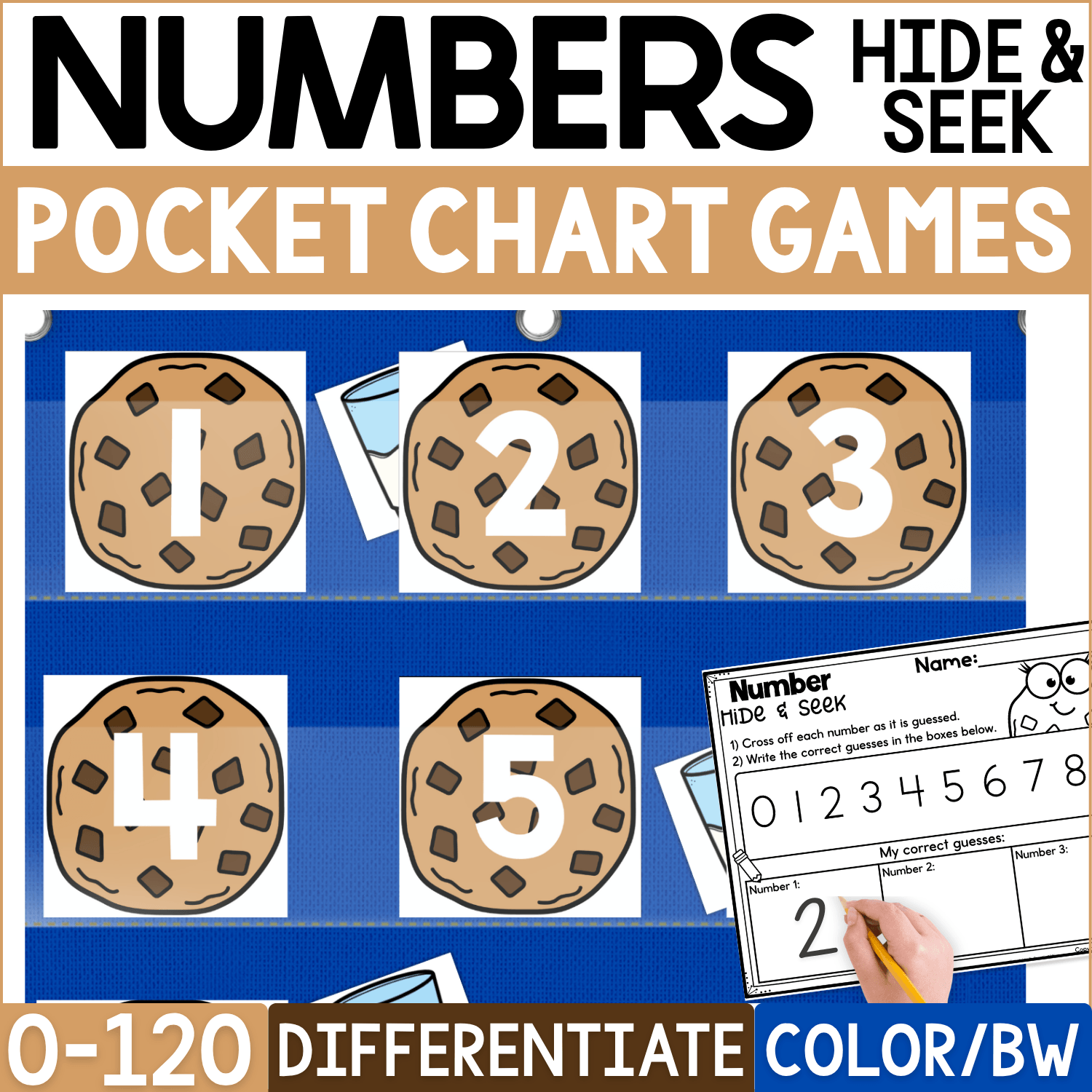 Milk and Cookies Numbers Hide & Seek pocket chart game cover showing chocolate chip cookie cards numbered 1–5, with a glass of milk picture hidden behind the cookies and a printable number recording sheet. This differentiated number game practices numeral recognition from 0–120 with color and black-and-white options.